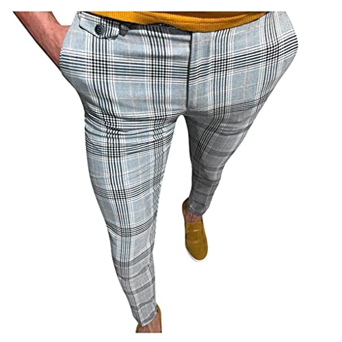 Kirbaez Men's Slim Fit Stretch Casual Pants - Fashion Plaid Print Business Dress Pants with Elastic Waist | Skinny Pencil Trousers for Office, Work & Formal Occasions
