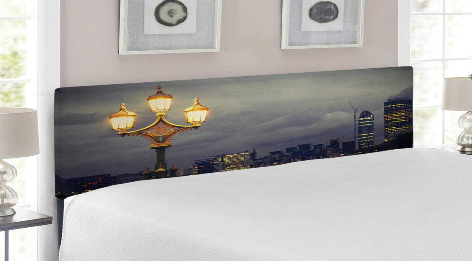 Ambesonne King Size Upholstered Headboard with Memory Foam - Westminster Bridge London Cityscape Design in Pale Grey & Yellow | Decorative Metal Bed Headboard for Modern Bedrooms | Perfect for Home Decor & Guest Room Upgrade
