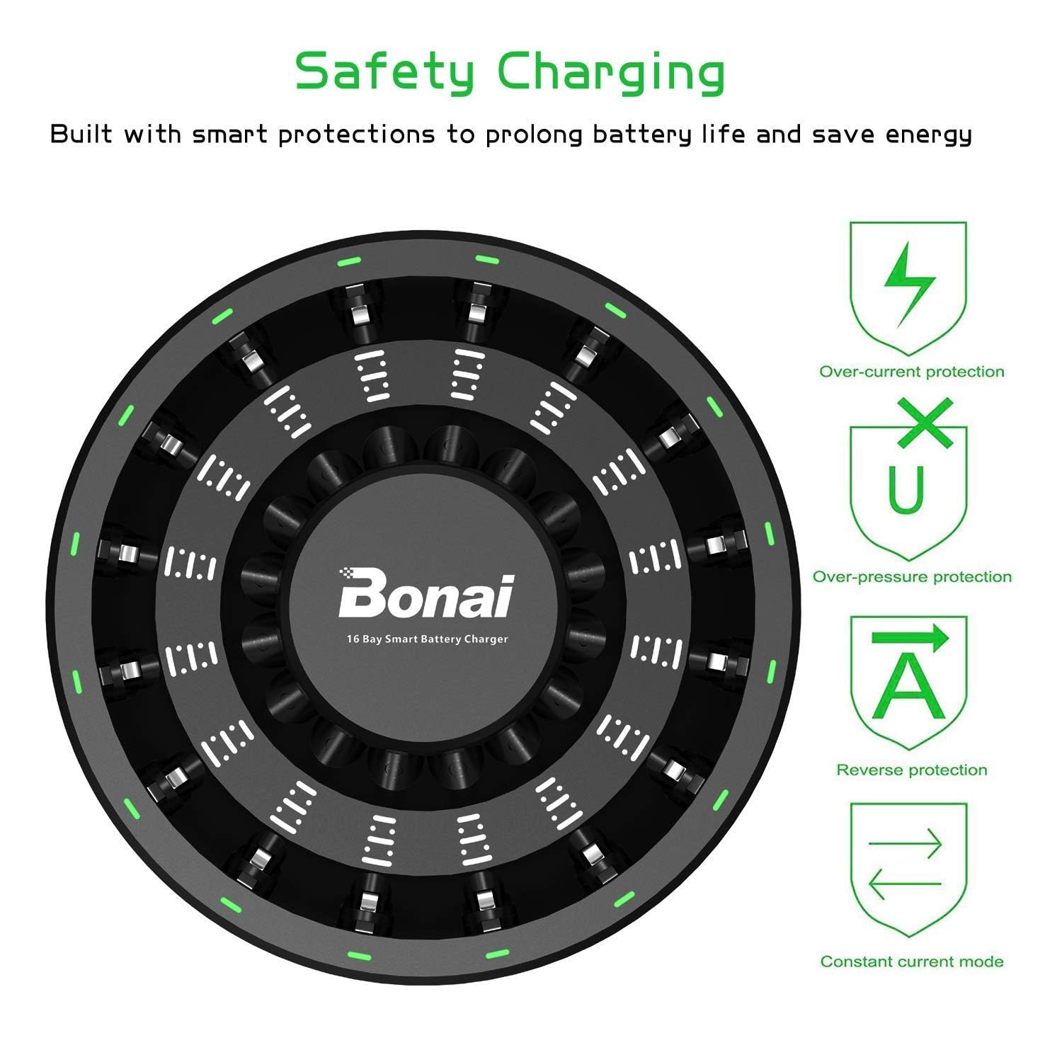 BONAI 16 Pack AAA Rechargeable Batteries 1100mAh with 16 Bay Charger - High Capacity Round Design for Toys, Cameras, Flashlights & Electronics - USB Rechargeable AAA Batteries with Fast Charging