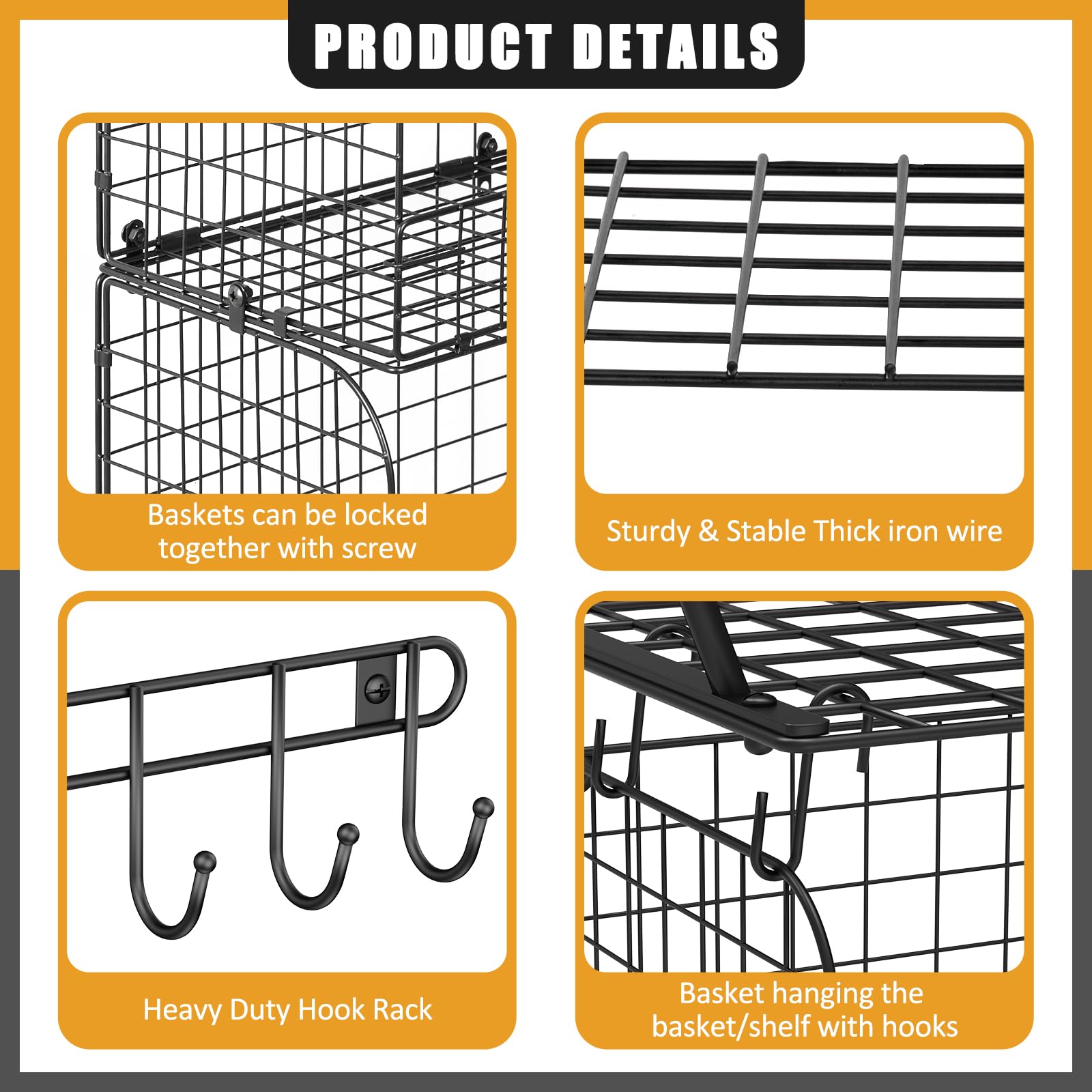 2 Pack Heavy Duty Wall Mounted Garage Shelves with Wire Baskets & Hooks - Sturdy Metal Storage Shelving for Tools, Garden Supplies & Garage Organization - Perfect for Home, Workshop & DIY Storage Solutions