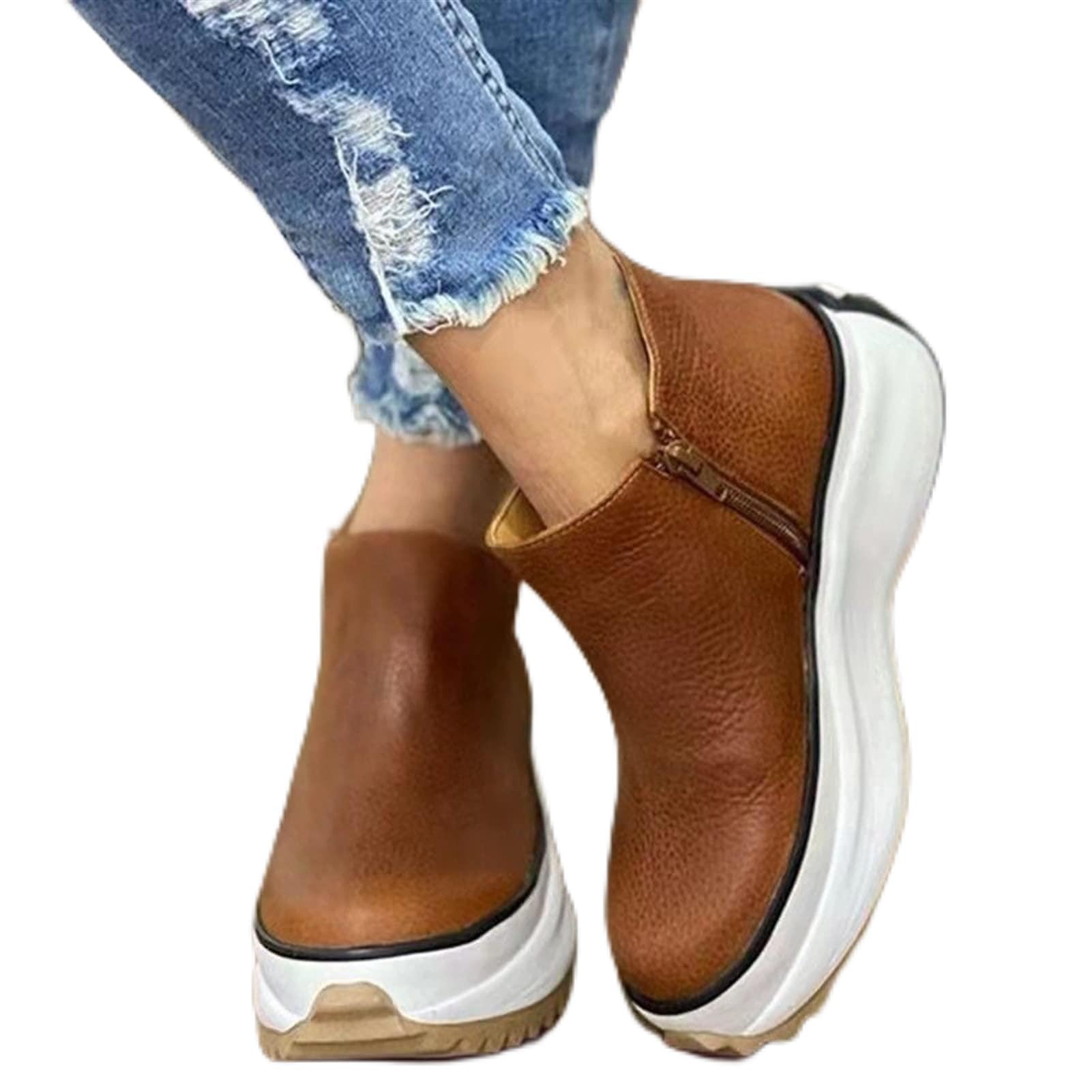 Women's Casual Low-Top Flat Boots - Spring & Fall Fashion Thick-Soled Pull-On Ankle Booties (Brown, Size 7) | Perfect for Everyday Wear, Office & Weekend Outfits