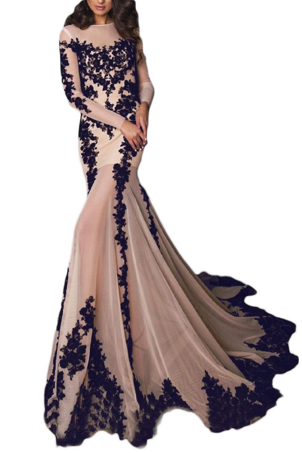 Honeydress Women's Long Sleeve Applique Mermaid Evening Gown with Train - Elegant Formal Prom Party Dress for Weddings, Galas & Special Occasions