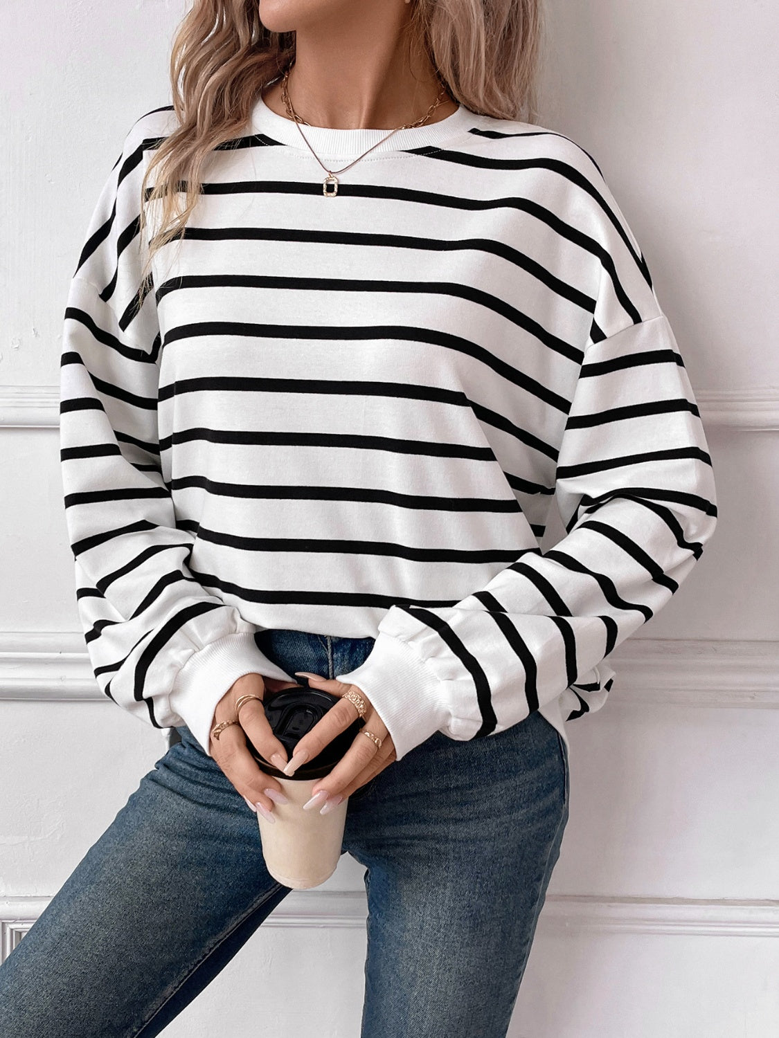 Lovelet Striped Round Neck Long Sleeve Sweatshirt for Women - Cozy Casual Pullover Top for Fall & Winter - Perfect for Lounge, Workout, and Everyday Wear