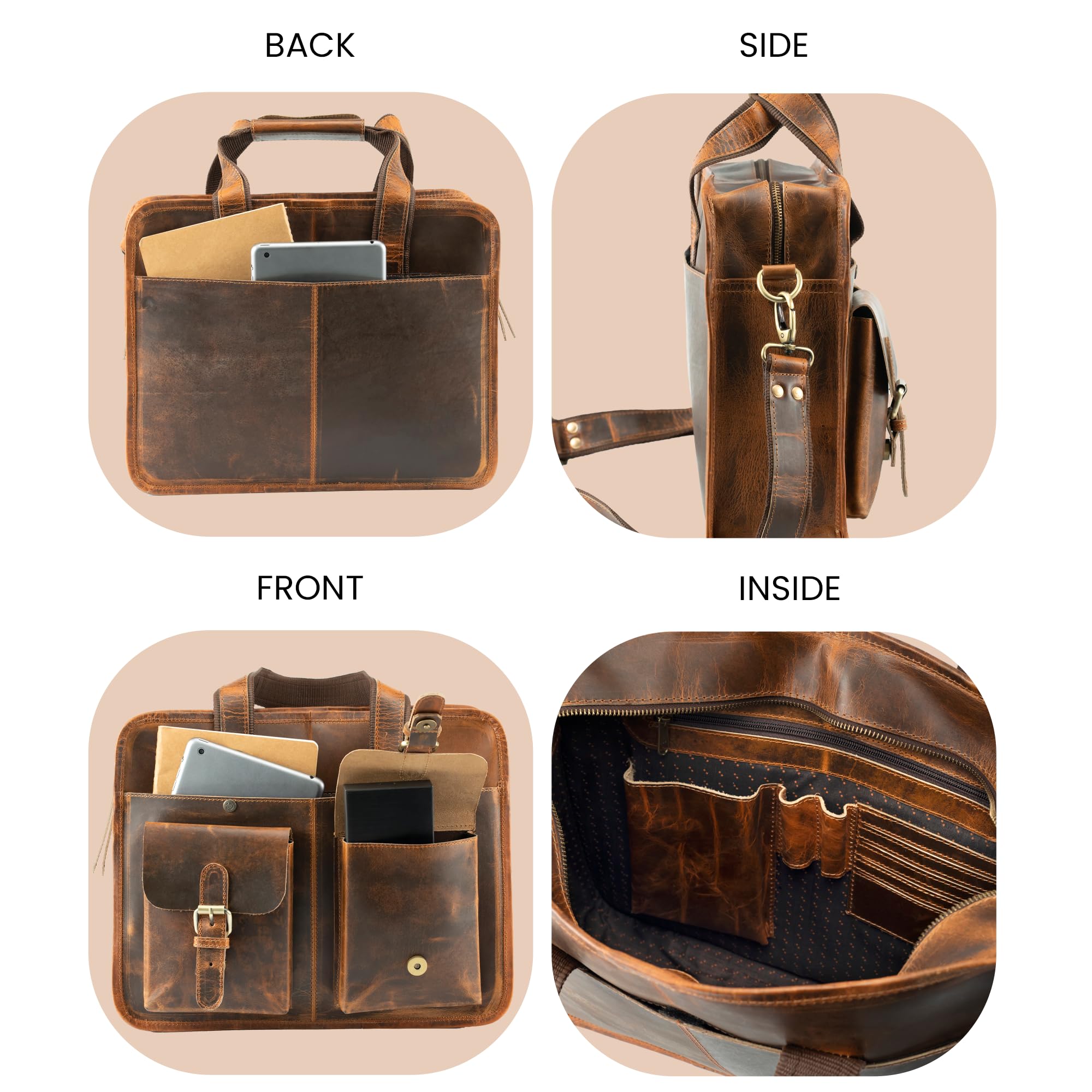 Premium Handmade Leather Laptop Briefcase for Men & Women - Arthur Travel Messenger Bag Fits 15 Inch Laptop - Crossbody Satchel for Office Work, Business Travel & Daily Commute