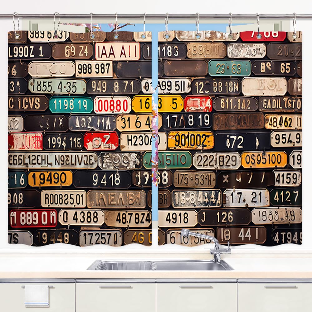Vintage USA Art Window Curtains - Retro American License Plate Design - 2 Panels 45x28 Inch - Kitchen & Bedroom Drapes with Hooks - Perfect for Home Decor, Man Cave, Diner Style & Americana Themed Rooms
