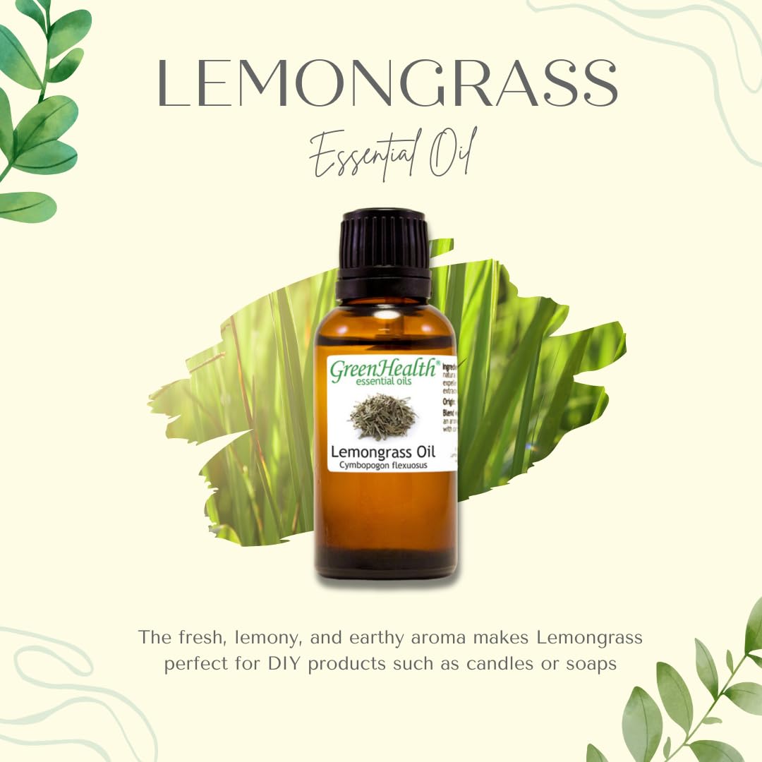 100% Pure Lemongrass Essential Oil - 2 fl oz (59 ml) Glass Bottle with Dropper Cap - Aromatherapy, Diffuser, Massage & DIY Skincare - GreenHealth Brand