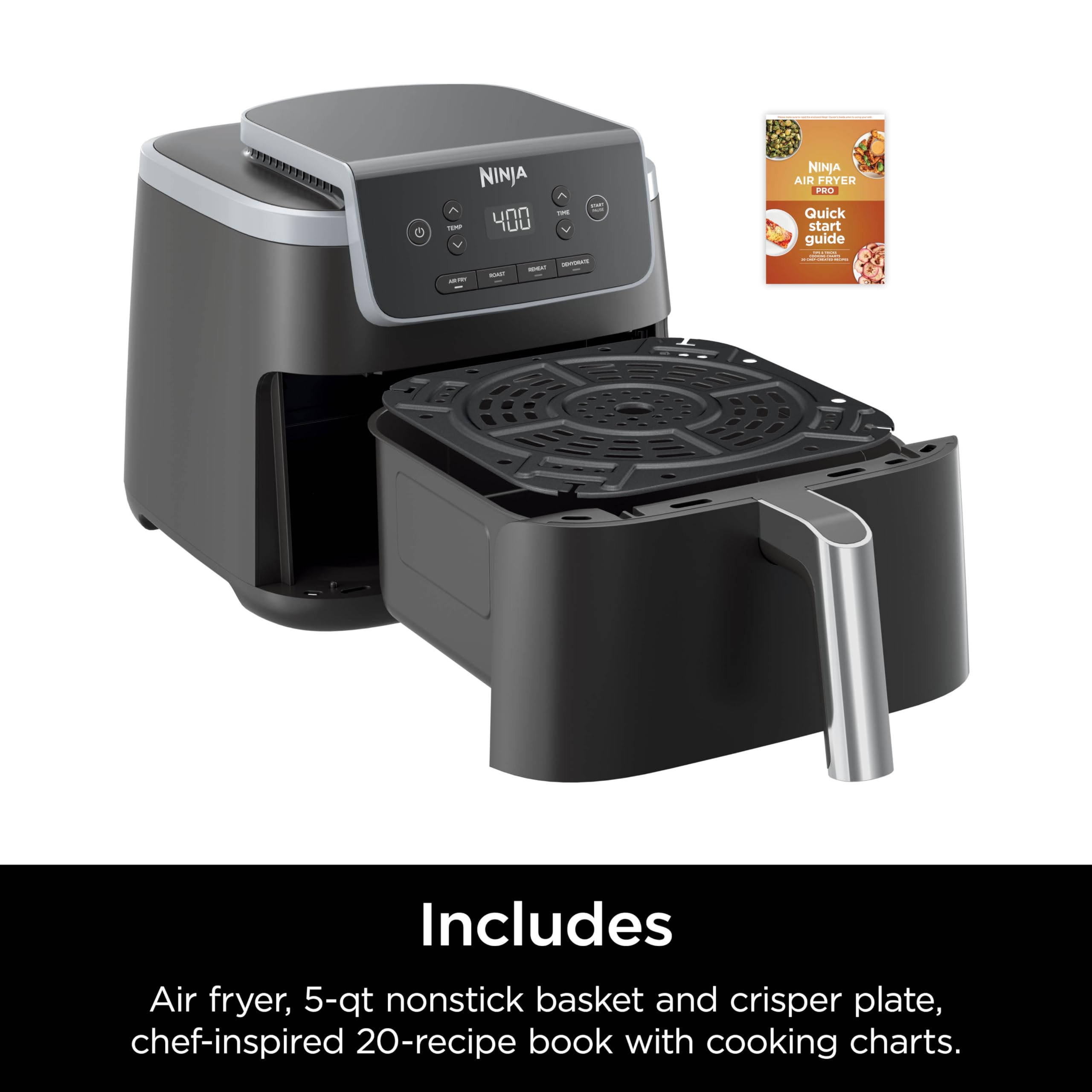 Ninja AF141 5 QT Air Fryer Pro 4-in-1 with Air Crisp Technology - Air Fry, Roast, Reheat & Dehydrate - 400°F Fast Cooking, Nonstick Basket & Crisper Plate - Perfect for Family Meals, Healthy Snacks & Quick Weeknight Dinners - Grey (Renewed)