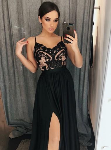Elegant Black Side Slit Spaghetti Straps Lace Evening Prom Dress for Women | Sweet 16 Party Gown | Formal Homecoming Dance Dress | Perfect for Prom Night, Quinceañera & Special Occasions