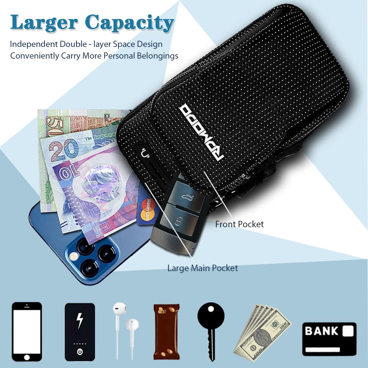 **Waterproof Running Armband Phone Holder for iPhone Samsung LG - Adjustable Elastic Band with 2 Pockets for Card & Keys - Ideal for Gym, Jogging, Walking (Fits Phones Under 7.5 Inches) - Perfect for Men & Women**