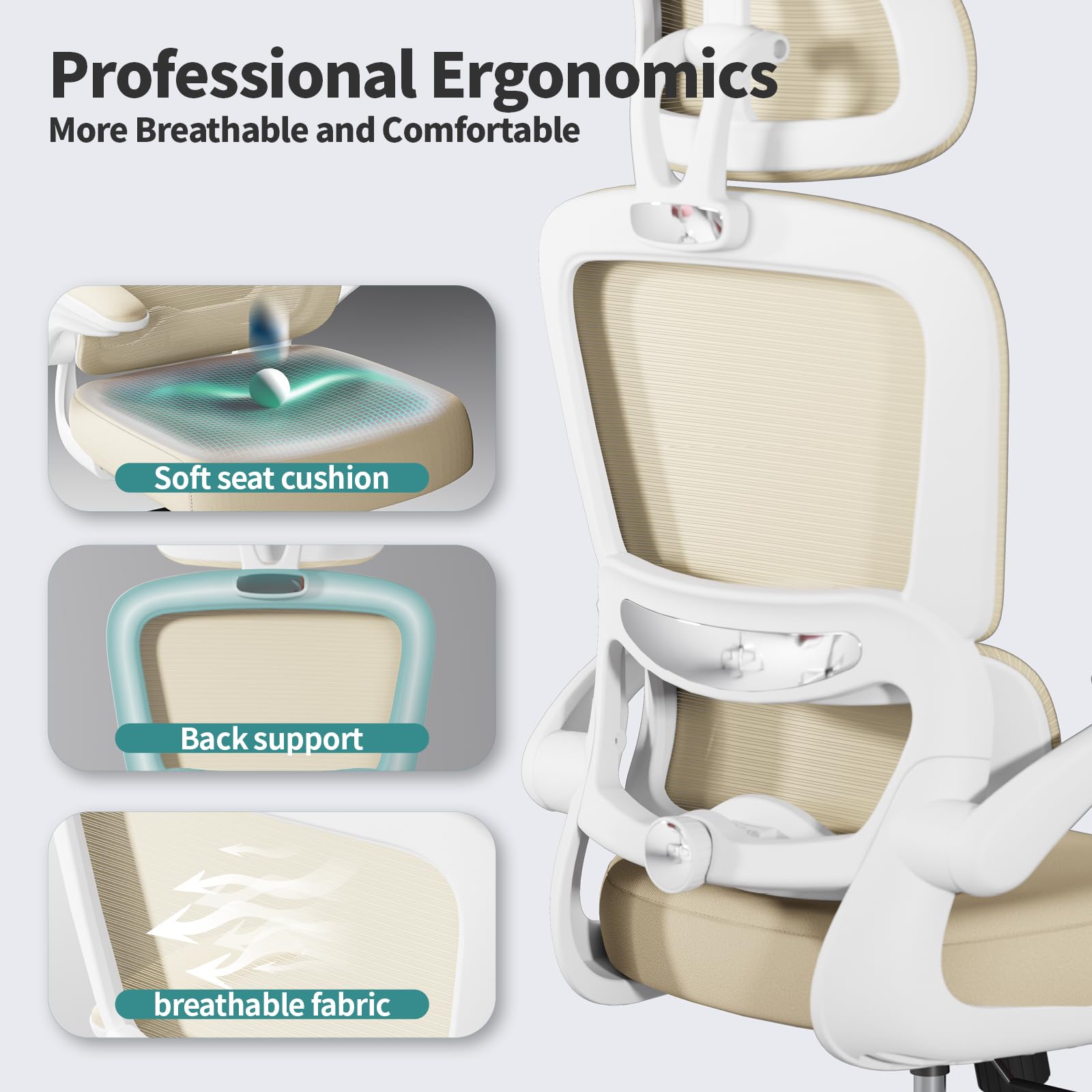 Ergonomic Office Chair with Wheels - 330 LBS Capacity Mesh Computer Desk Chair for Home & Gaming, High Back Support for Long Hours Sitting (Beige) - Perfect for Home Office, Gaming Setup & Workspaces