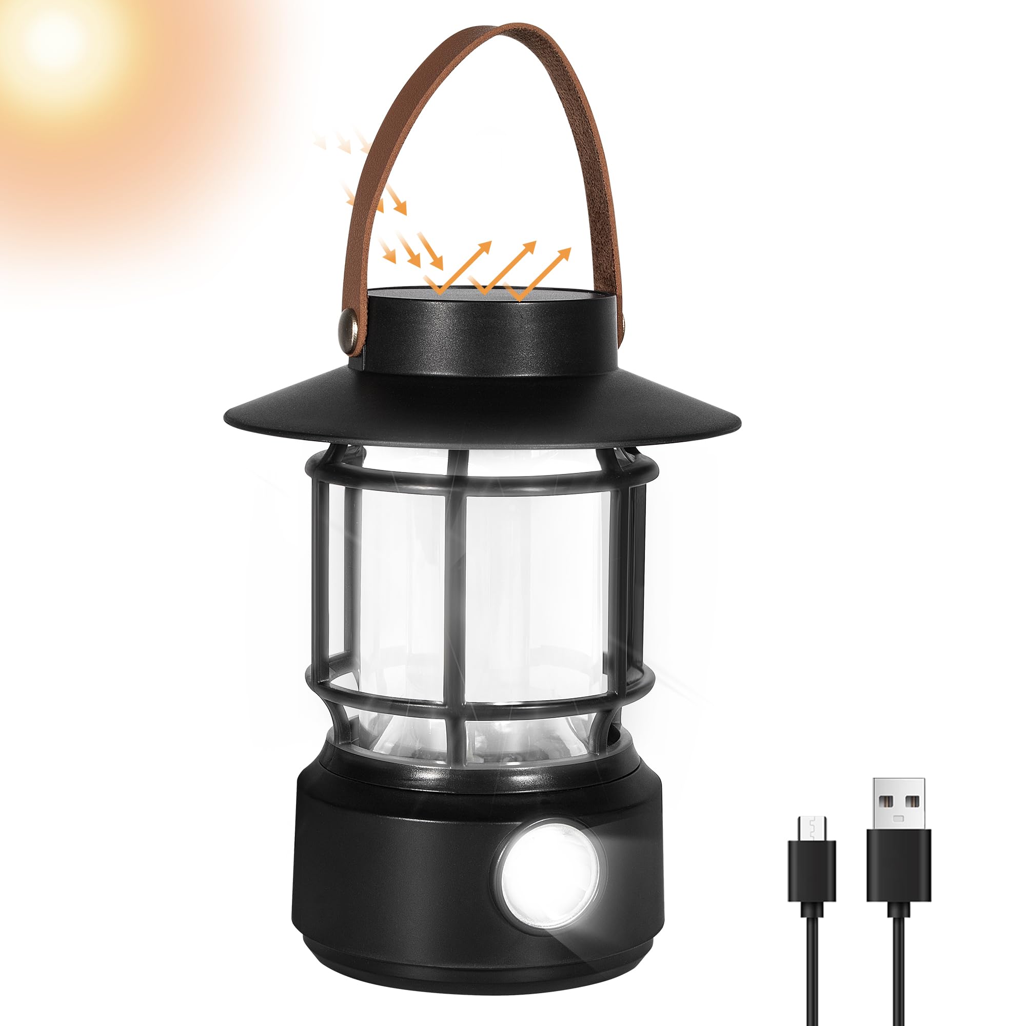 Solar Rechargeable LED Camping Lantern - 1000LM Waterproof IPX5 Tent Light with Side Illumination | Retro Portable Flashlight for Emergency, Power Outages, Hurricane & Hiking | Perfect for Outdoor Adventures, Backpacking & Storm Preparedness