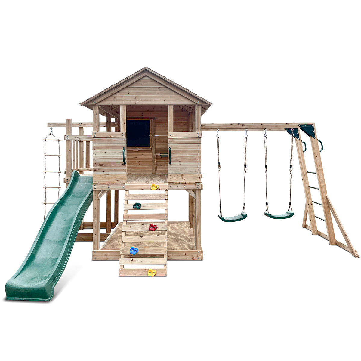 Kingston Wooden Playhouse with Green Slide - Outdoor Kids Playhouse for Backyard, Garden & Playground Fun