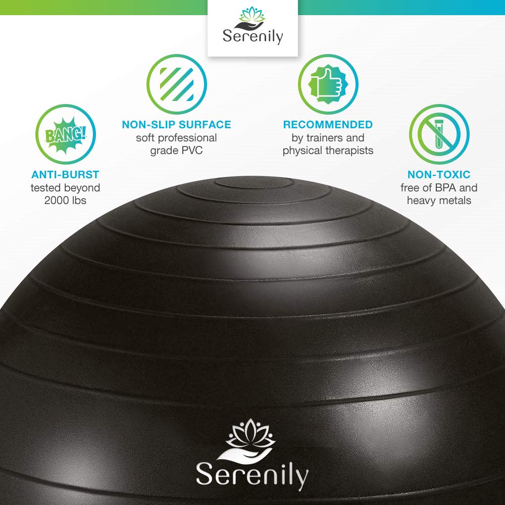 Serenily Exercise Ball for Yoga, Pilates, Home Gym & Office - Anti-Burst Stability Ball with Workout Guide & Pump - Perfect for Fitness, Therapy, Pregnancy & Balance Training