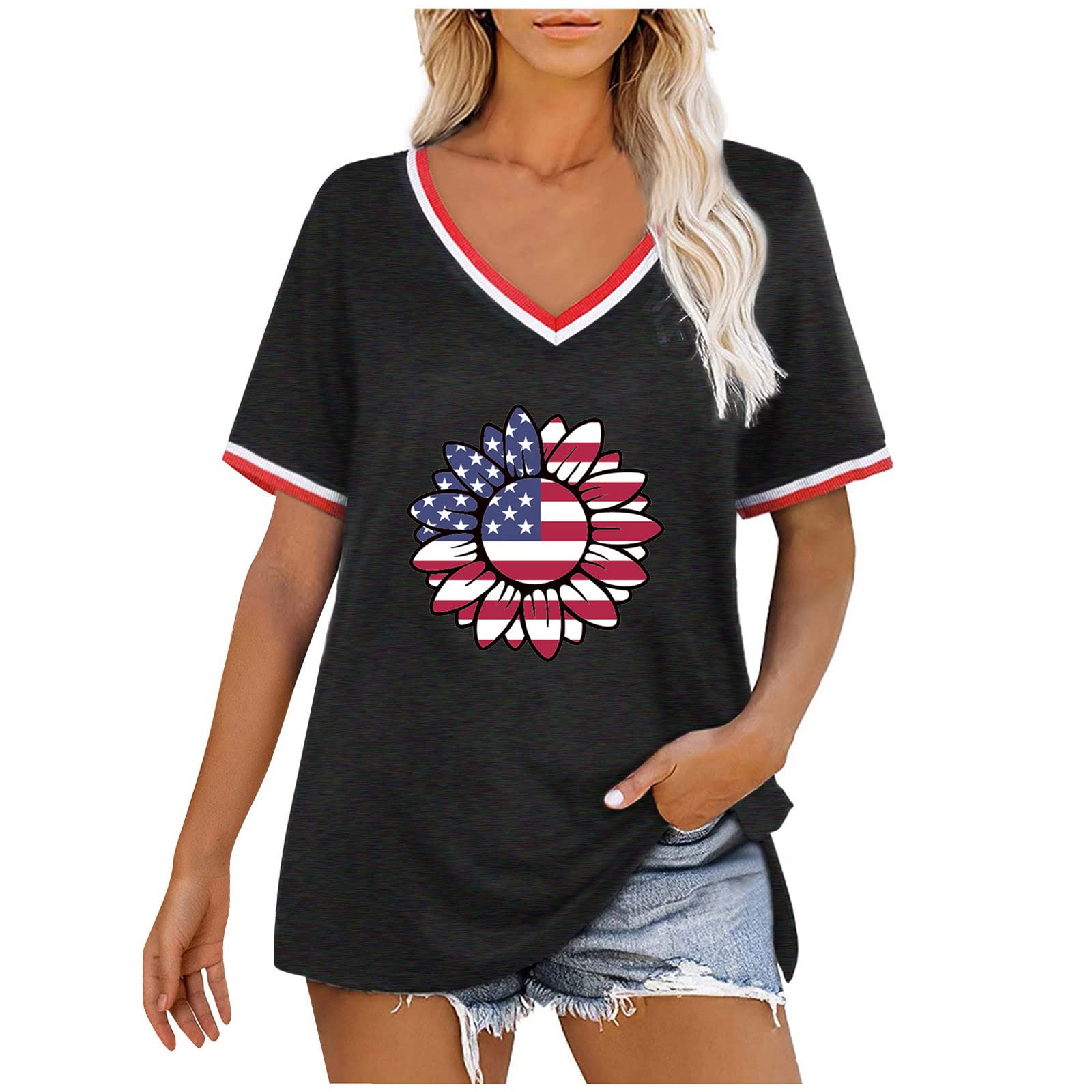 HRAPDA Women's Floral Print V-Neck T-Shirt - Summer Casual Tops for Outings