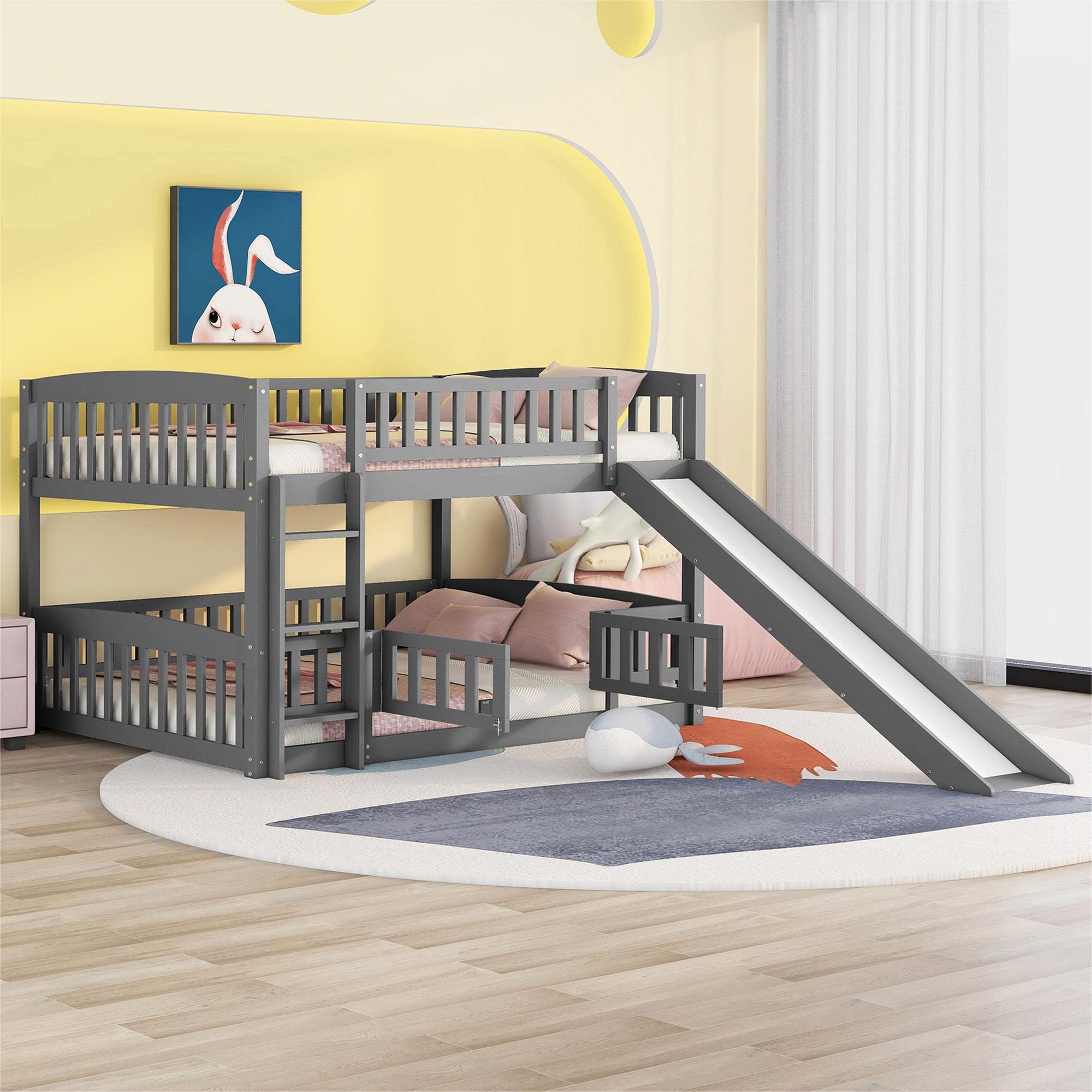 Harper & Bright Designs Full Over Full Low Kids Bunk Bed with Slide - Wooden Bunk Bed Frame with Safety Guardrail, Ladder & Fun Small Door for Toddlers, Kids & Teens - Perfect for Small Bedrooms, Playrooms & Sleepovers (Grey)