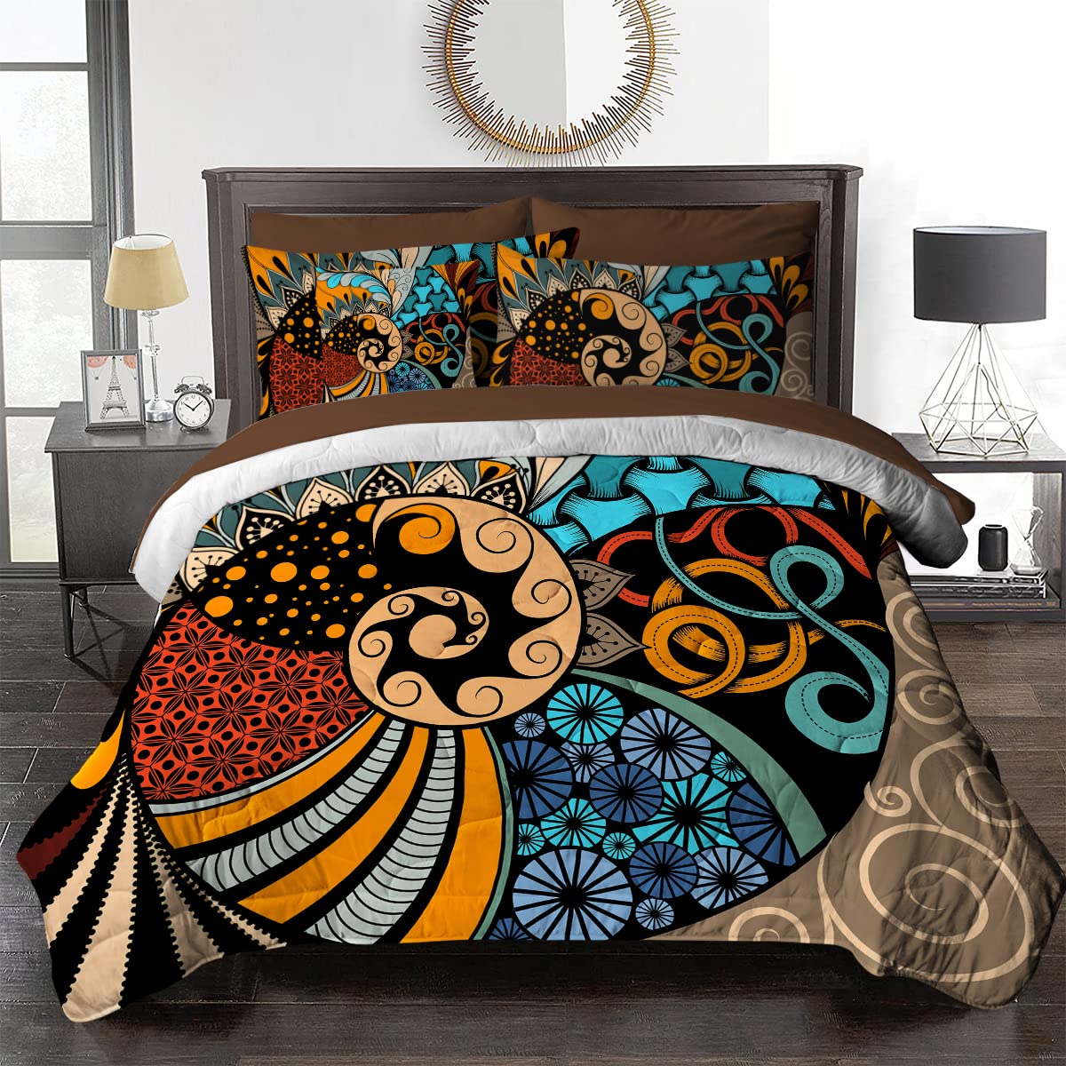 BlessLiving Southwestern Queen Comforter Set - 8 Piece Native American Inspired Bedding | Colorful African Print All Season Down Alternative Comforter for Queen Size Bed (Blue & Orange) - Perfect for Boho Chic Bedrooms, Guest Rooms & Dorm Decor