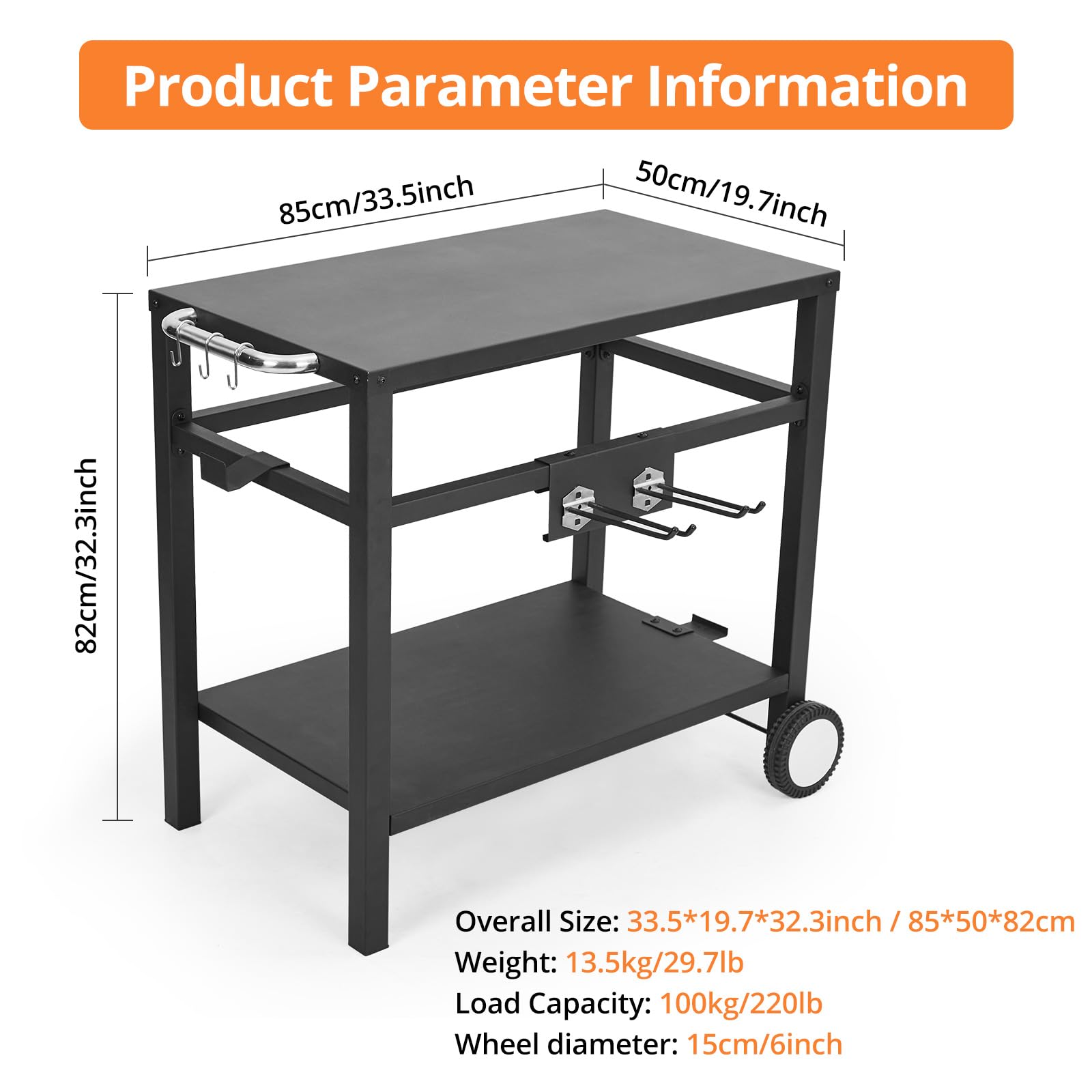 **Garvee Heavy-Duty Grill Cart with Wheels & Hooks – Portable BBQ Prep Table, Pizza Oven Stand, Double-Shelf Cooking Station – Perfect for Outdoor Grilling, Patio, Camping & Home Use (Black)**