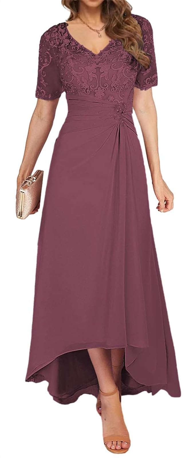 Elegant V-Neck Lace Chiffon Pleated Mother of The Bride Dress - Formal Wedding Guest Gown for Special Occasions & Ceremonies