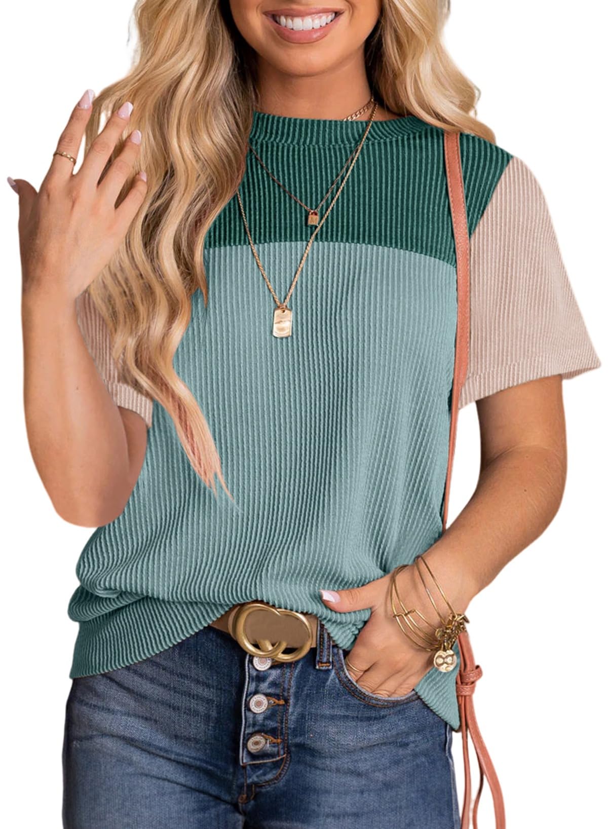 Dokotoo Women's Color Block Short Sleeve Knit T-Shirt - Casual Loose Fit Crewneck Top for Spring & Summer | Perfect for Beach Outings, Weekend Wear and Layering