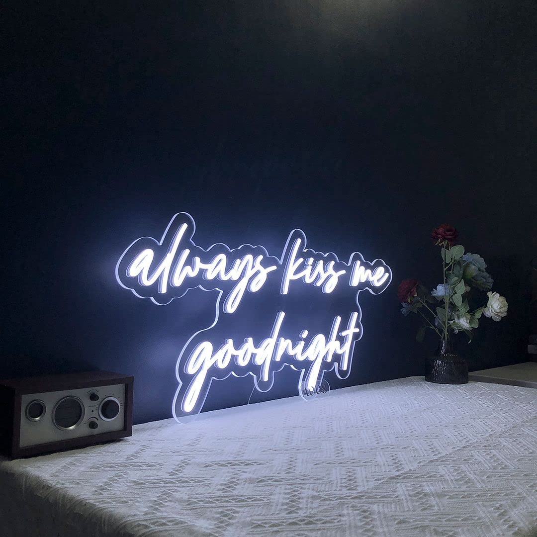Always Kiss Me Goodnight LED Neon Sign - Custom Wall Decor for Bedroom, Living Room, Wedding & Party - Dimmable Aesthetic Lighting for Home, Bathroom & Kitchen Decor - Perfect for Romantic Ambiance & Nighttime Glow