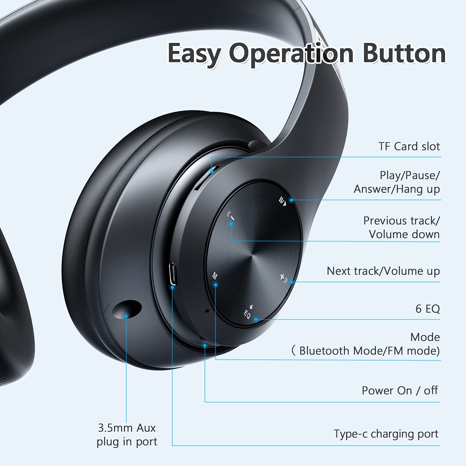 Premium Wireless Bluetooth Over-Ear Headphones - 60H Playtime, Hi-Fi Stereo, Deep Bass, 6 EQ Modes, Foldable & Lightweight Design with Mic, FM, SD/TF Card Support - Perfect for Travel, Workouts, Gaming & Home Entertainment