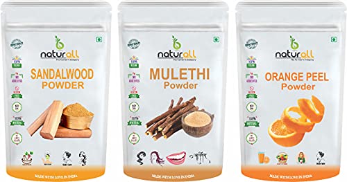 B Naturall Organic Skin Care Combo Pack - 3-in-1 Mulethi Powder, Sandalwood Powder & Orange Peel Powder (100g Each, Total 300g) for Glowing Skin, Acne Treatment & Natural Beauty - Perfect for DIY Face Masks & Ayurvedic Skincare Routines