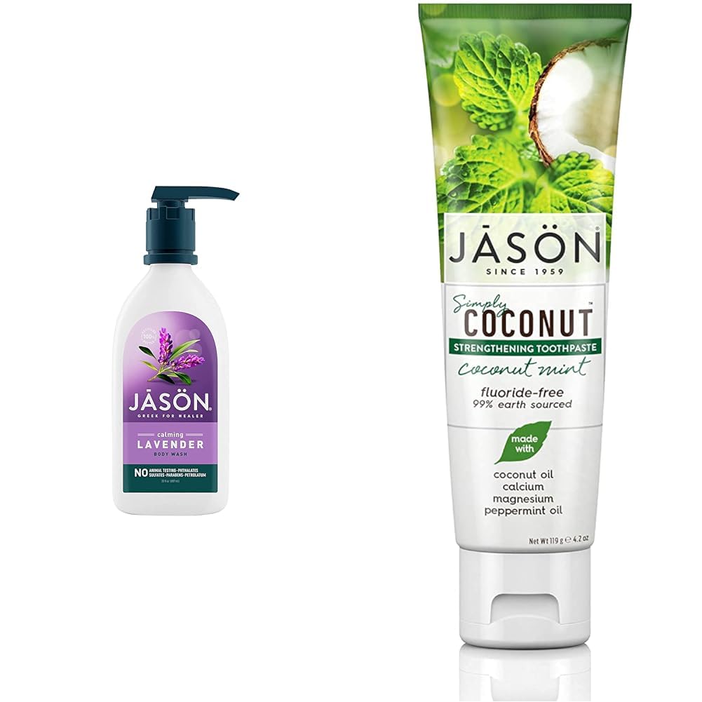 JASON Natural Body Wash & Shower Gel - Calming Lavender Scent, 30 Oz | Simply Coconut Strengthening Fluoride-Free Toothpaste - Coconut Mint Flavor, 4.2 Oz | Organic Bath & Body Care for Relaxation & Oral Hygiene