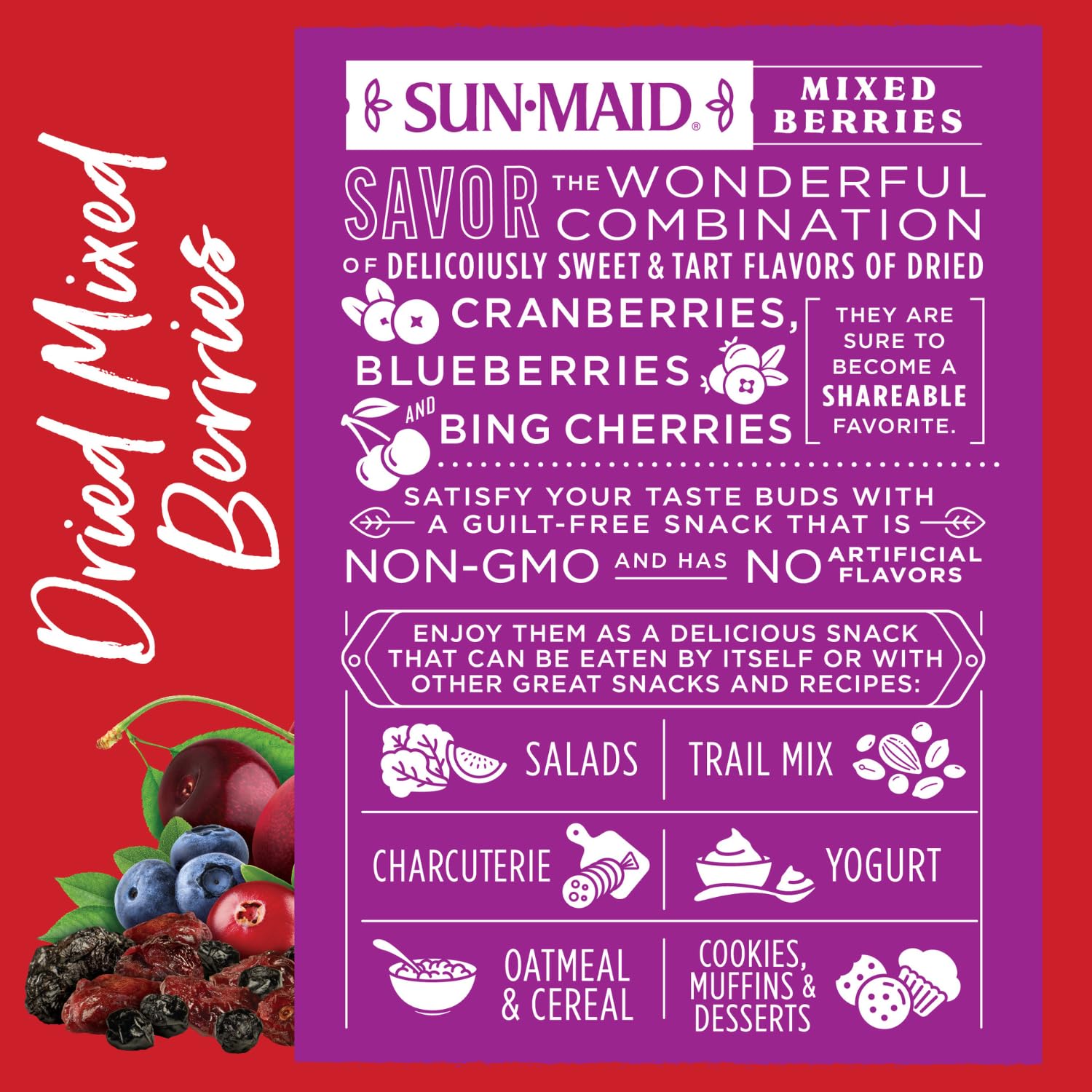 Sun-Maid Mixed Dried Berries - 15oz Resealable Bag with Cranberries, Cherries & Blueberries - Healthy Dried Fruit Snacks for Kids, Baking & Natural Sweetener - Perfect for School Lunches, Trail Mix & Yogurt Toppings
