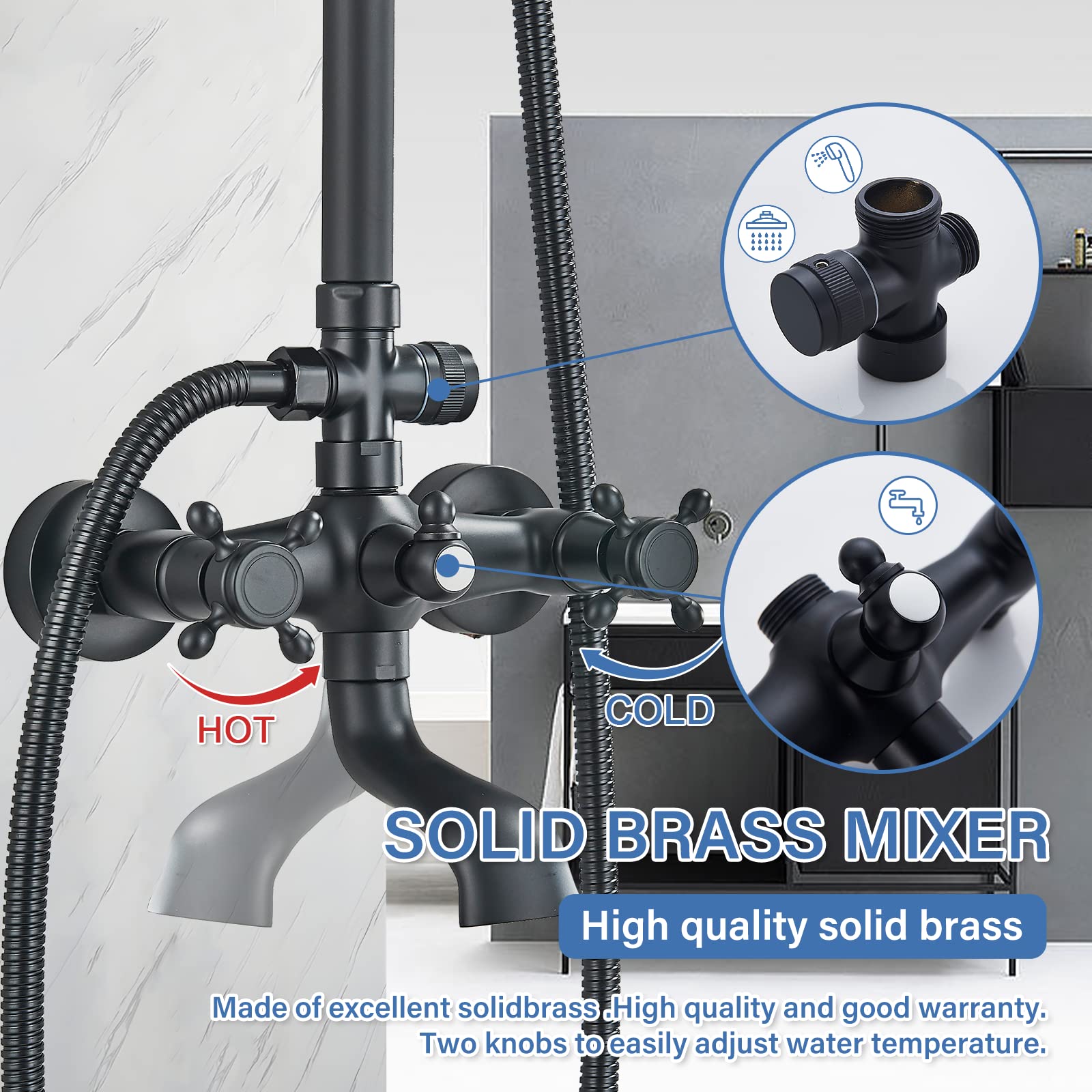 AlenArt Matte Black Outdoor Shower Faucet Set - 8 Inch Rainfall Shower Head with Handheld Spray, Tub Spout & Double Cross Handle - Wall Mounted Bathroom Fixture for Patio, Poolside & Garden Use