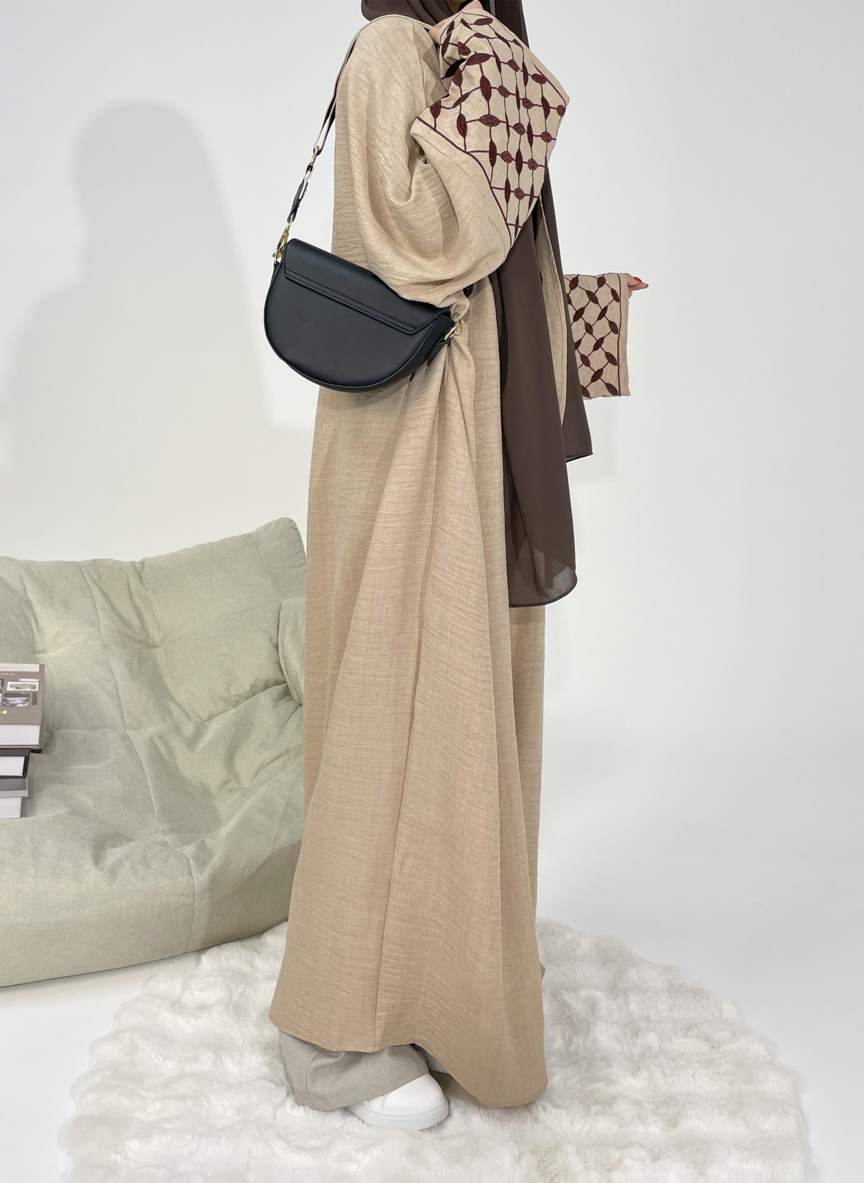 Timeless V Neck Abaya with Embroidered Cuffs & Adjustable Belt - Modest Islamic Dress for Women - Perfect for Prayer, Eid, Wedding & Special Occasions
