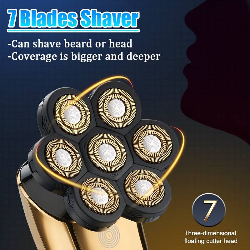 7D Rechargeable Electric Head Shaver for Bald Men - 7-in-1 Multifunctional Shaver with Floating Heads, Beard Trimmer, Nose & Ear Hair Clipper, Facial Brush - Perfect for Travel, Gym & Daily Grooming (Electric Shaver Set)