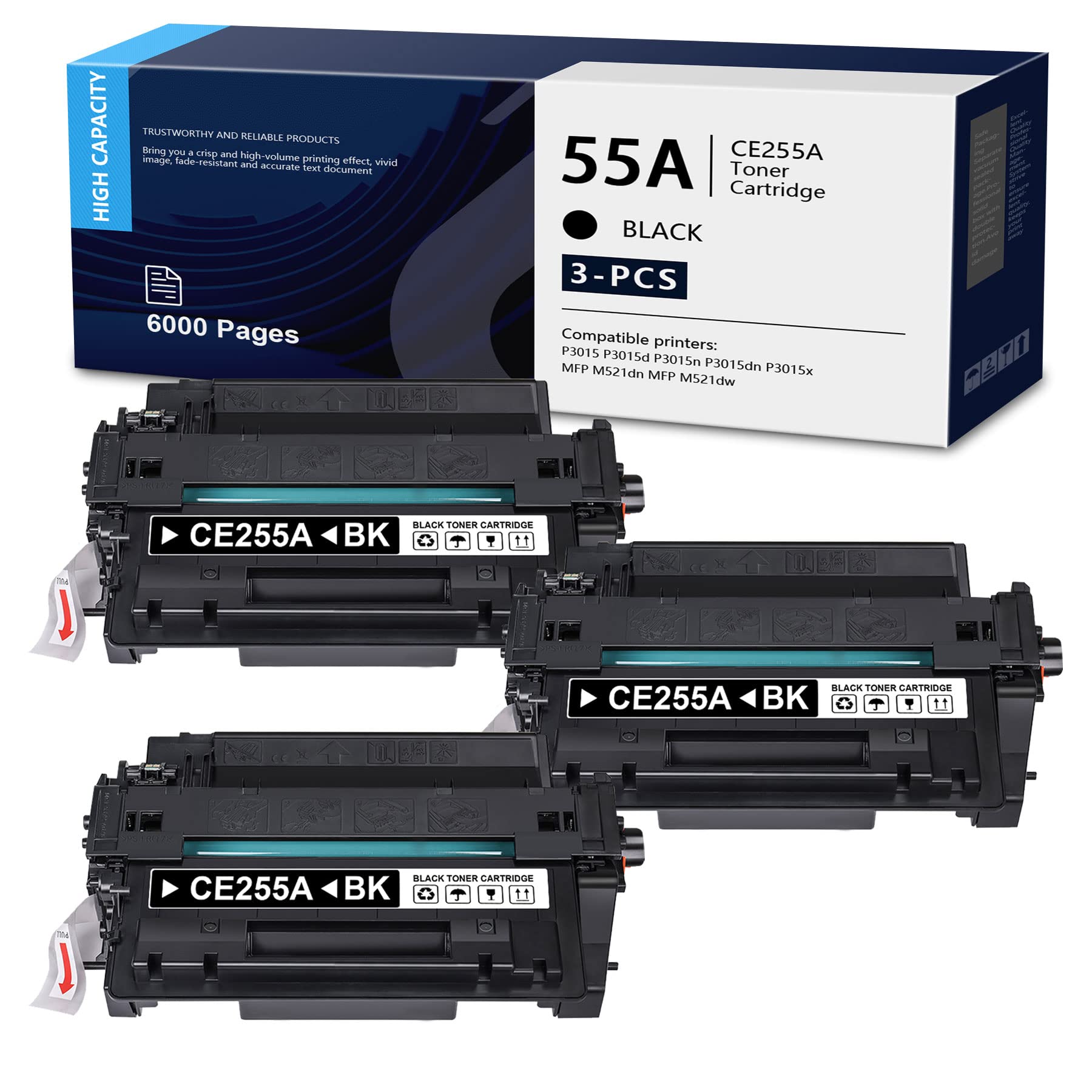 DOPHEN 3-Pack Compatible CE255A/55A Black Toner Cartridge - Replacement for HP P3015, P3015d, P3015n, P3015dn, P3015x, M521dn, M521dw, M525dn, M525f, M525c Printers - High-Yield Printing for Office & Home Use