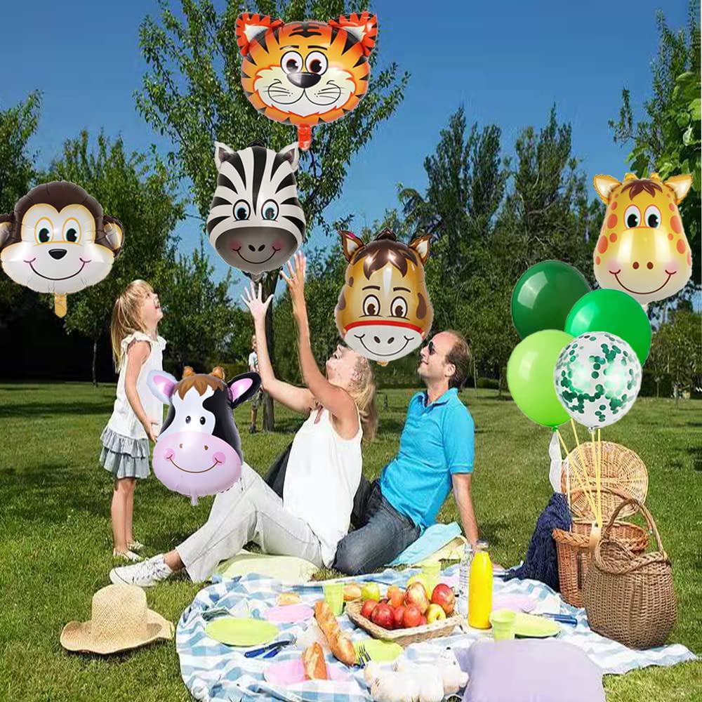 Jungle Wildlife Themed Party Decorations Set - Kids Zoo Birthday Supplies with Happy Birthday Banner, Animal Balloons (Tiger, Zebra, Monkey, Cow, Deer, Donkey) & Green Balloons - Perfect for Safari Birthday Parties, Baby Showers & Wild Animal Themed Events