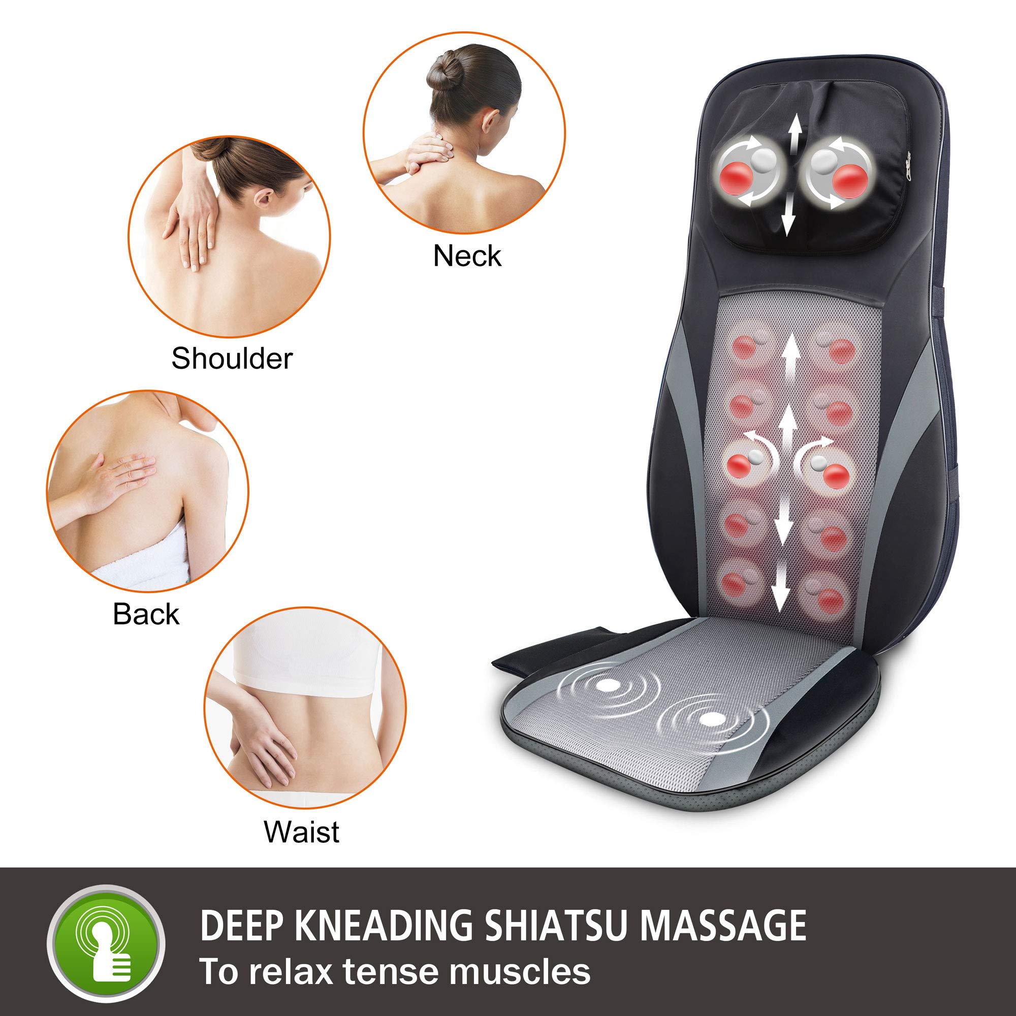 Snailax Shiatsu Neck and Back Massager with Heat - Adjustable Height Massage Chair Pad for Full Back Kneading & Rolling - Perfect Gift for Men & Women - Relieve Stress at Home, Office, or Car