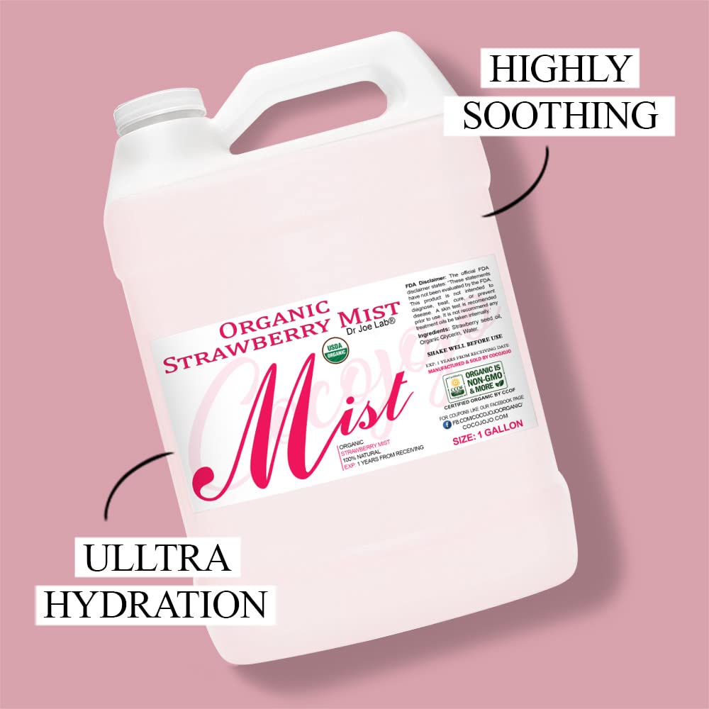 USDA Organic Strawberry Mist for Skincare - Hydrating Face & Body Spray for Sensitive & Dry Skin - Relaxing Pillow Mist with Pure Strawberry Essential Oil - 128 oz / 1 Gallon - Perfect for Bedtime, Spa Days & Travel Self-Care