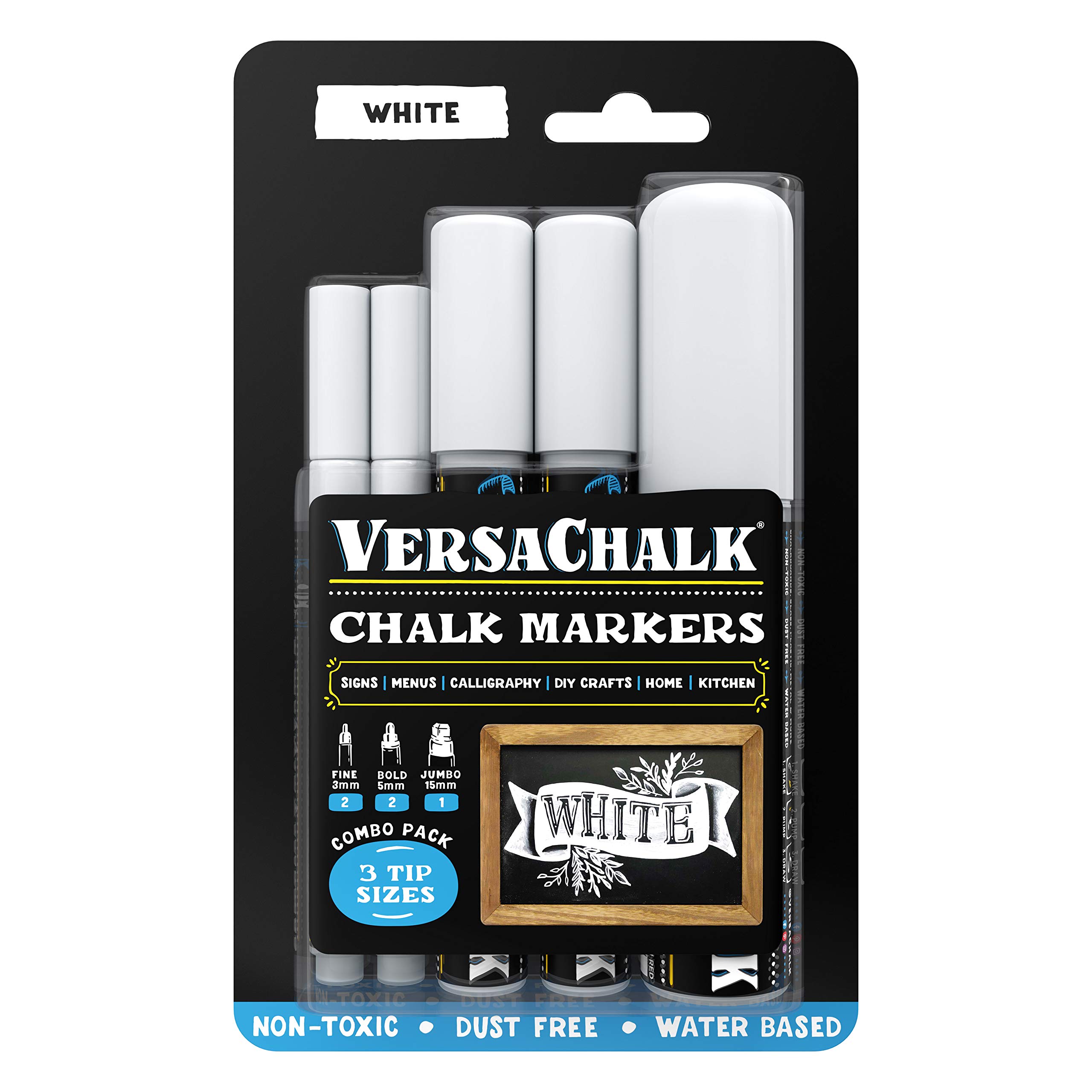 VersaChalk White Chalkboard Markers - 5-Pack Wet Erase Dustless Chalk Paint Pens for Blackboards, Whiteboards & Signs | Ideal for Restaurants, Classrooms & DIY Projects