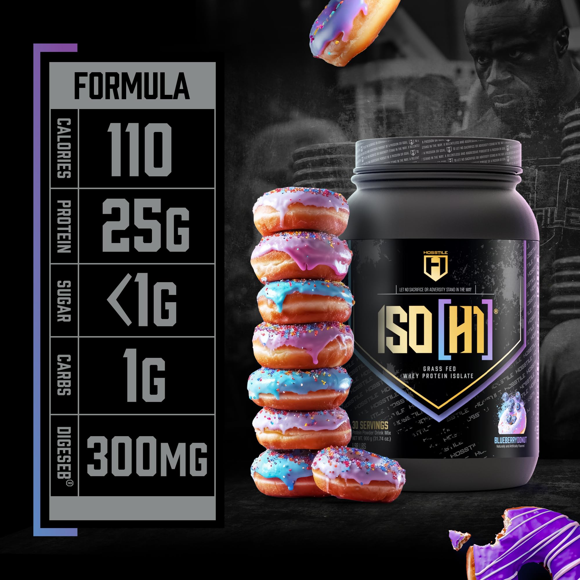 HOSSTILE ISO[H1] Grass Fed Whey Protein Isolate Powder with Digestive Enzymes - 30 Servings, Blueberry Donut Flavor for Muscle Gain, Recovery & Post Workout | Gym, Fitness & Healthy Lifestyle Supplement