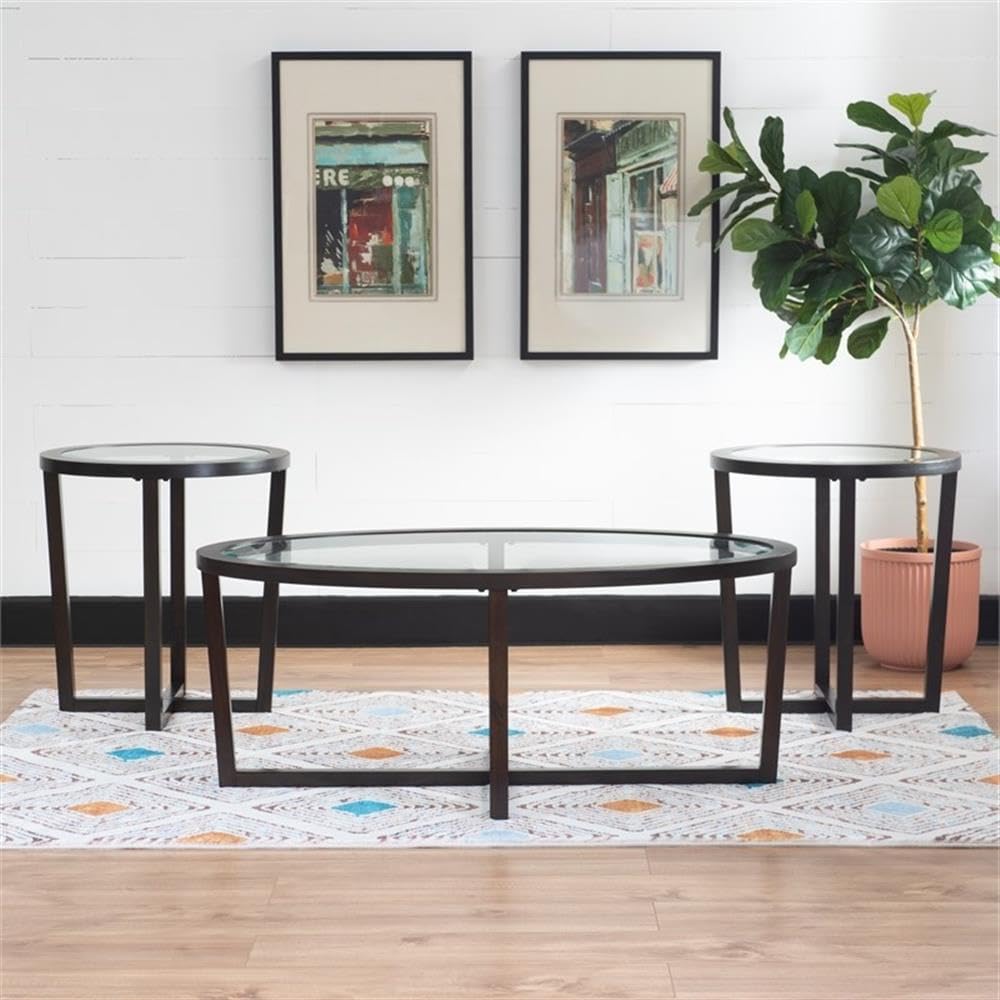 Pemberly Row 3-Piece Round Coffee Table Set with Glass Top - Wooden Living Room Furniture (1 Coffee Table + 2 End Tables) in Rich Umber Finish - Perfect for Small Spaces, Apartments & Cozy Living Rooms