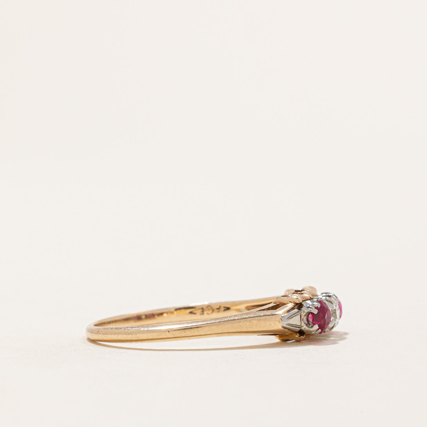 Three Stone Synthetic Ruby & Diamond Ring | 0.24ctw Ruby & 0.07ct Diamond | Size 8.25 | Elegant Engagement, Anniversary, or Gift Jewelry for Women