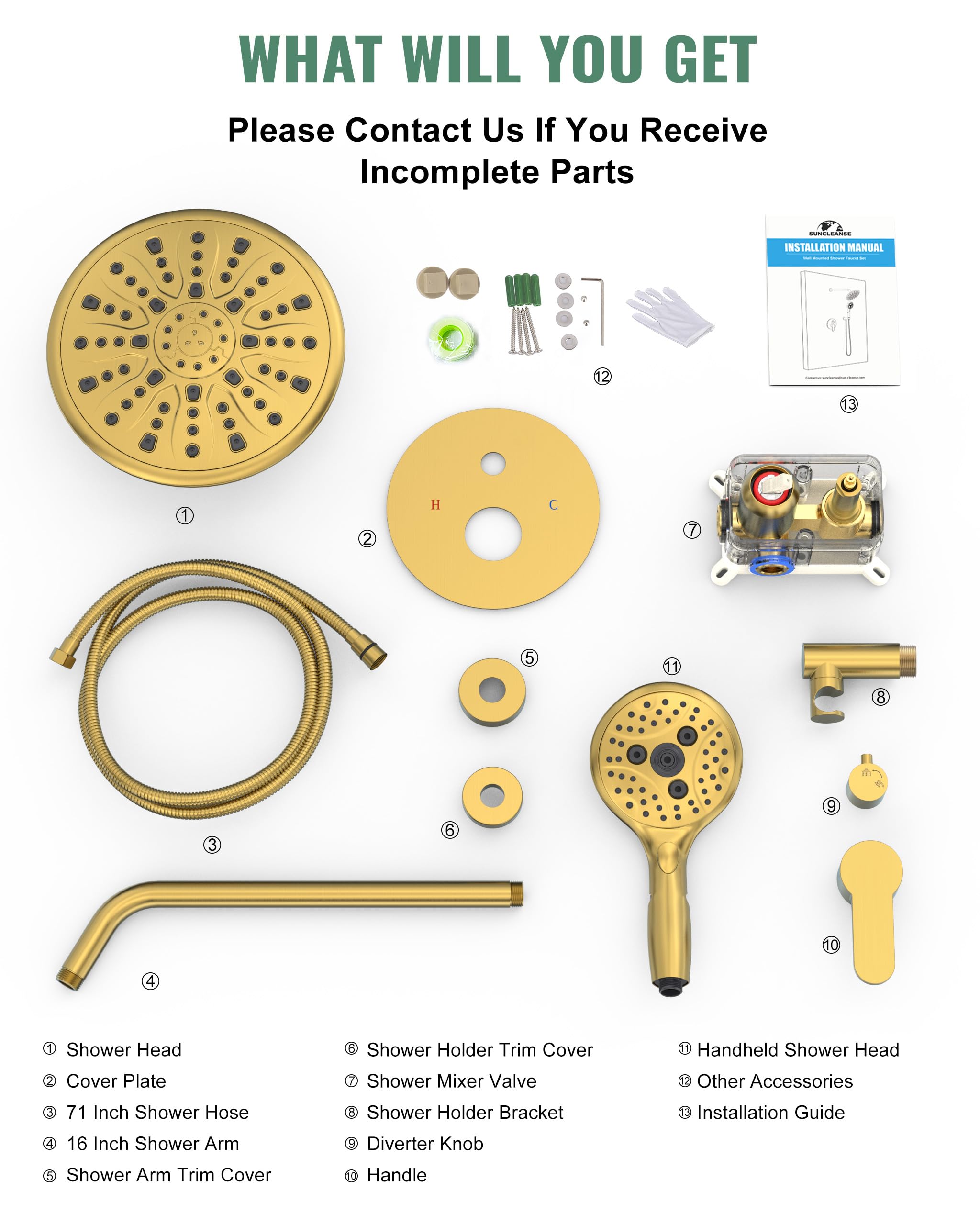 Suncleanse Gold Shower Faucet Set - 8.5 Inch Rainfall Shower Head with 7-Setting Handheld Sprayer, Rough-in Valve & Trim Kit - Complete Luxury Bathroom Shower System for Spa-like Experience