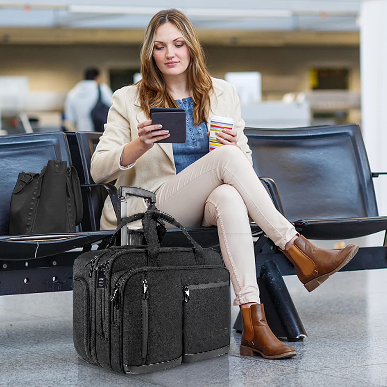17.3 Inch Rolling Laptop Bag - Waterproof Overnight Travel Business Briefcase with Wheels, Stylish Black Carry-On Luggage for Work, Commuting & Air Travel