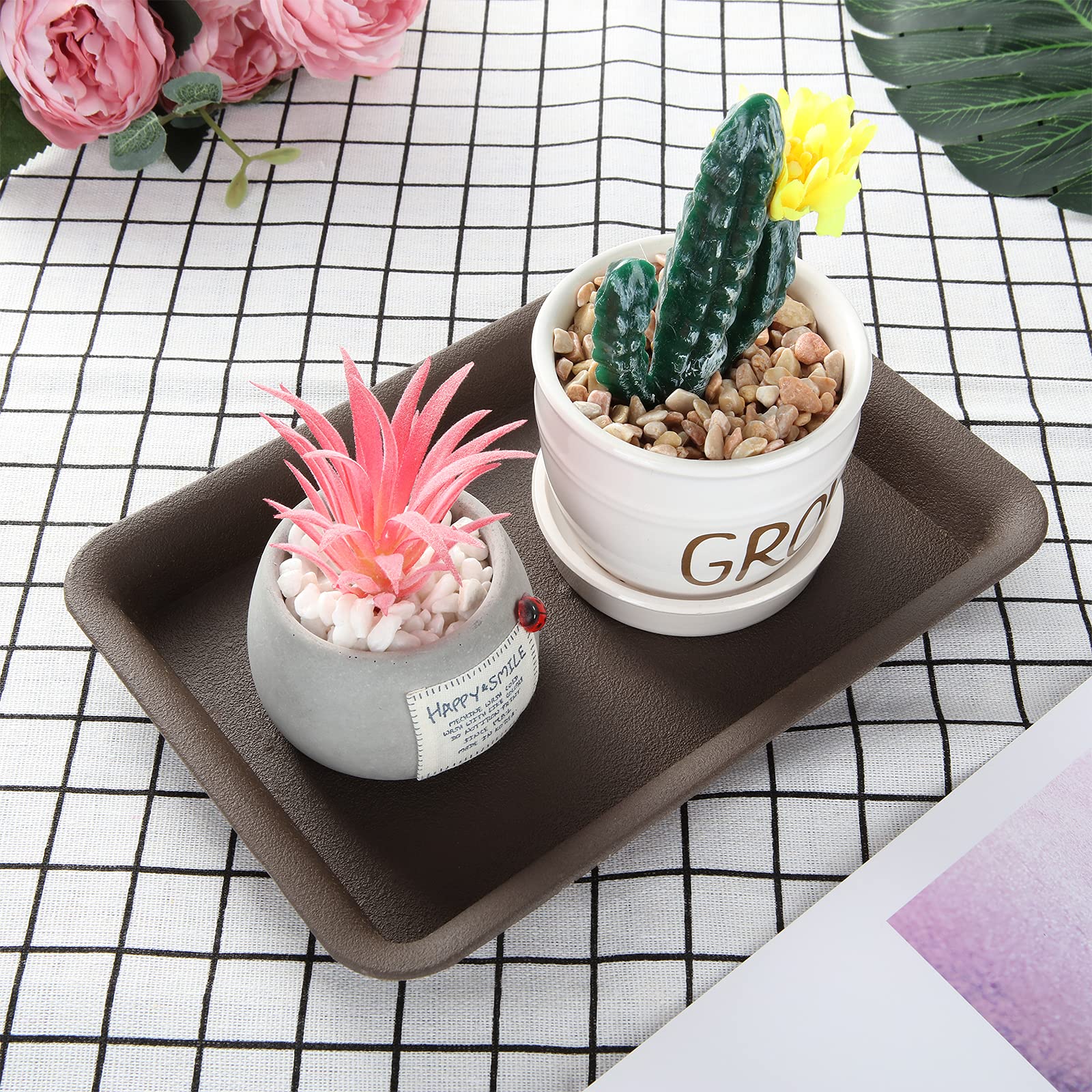 ZOEYES 20-Pack Dark Brown Plastic Plant Saucers - 7.3 x 4.7 x 1 Inch Rectangular Humidity Trays for Flower Pots, Bonsai Trees & Indoor/Outdoor Plants - Perfect for Drainage Protection Under Planters on Decks, Patios & Windowsills