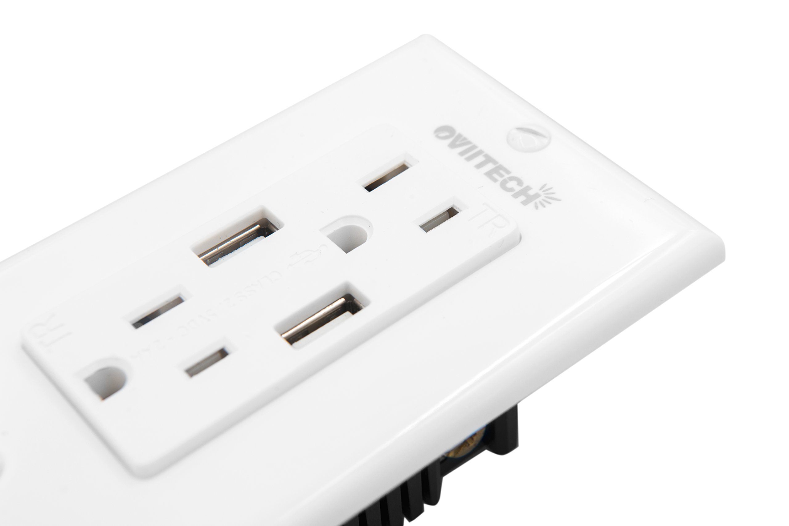 OviiTech 2.4A Dual USB Wall Charger Outlet - 15A Tamper Resistant Electrical Receptacle with 2 Wall Plates (2 Pack, White) - Fast Charging for iPhone, Android, Tablets & Smart Devices in Home, Office & Travel