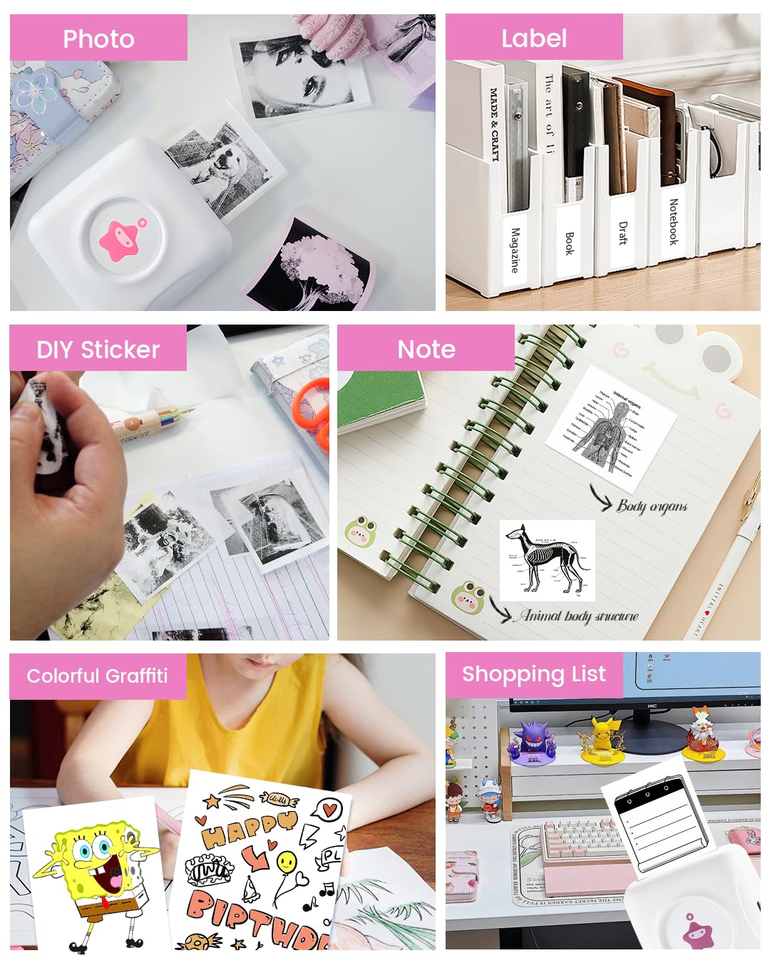 Portable Mini Bluetooth Mobile Printer - Wireless Pocket Photo Printer for iPhone & Android - Compatible with 10 Rolls Paper & Stickers - Perfect for Travel, Office, and Home Use