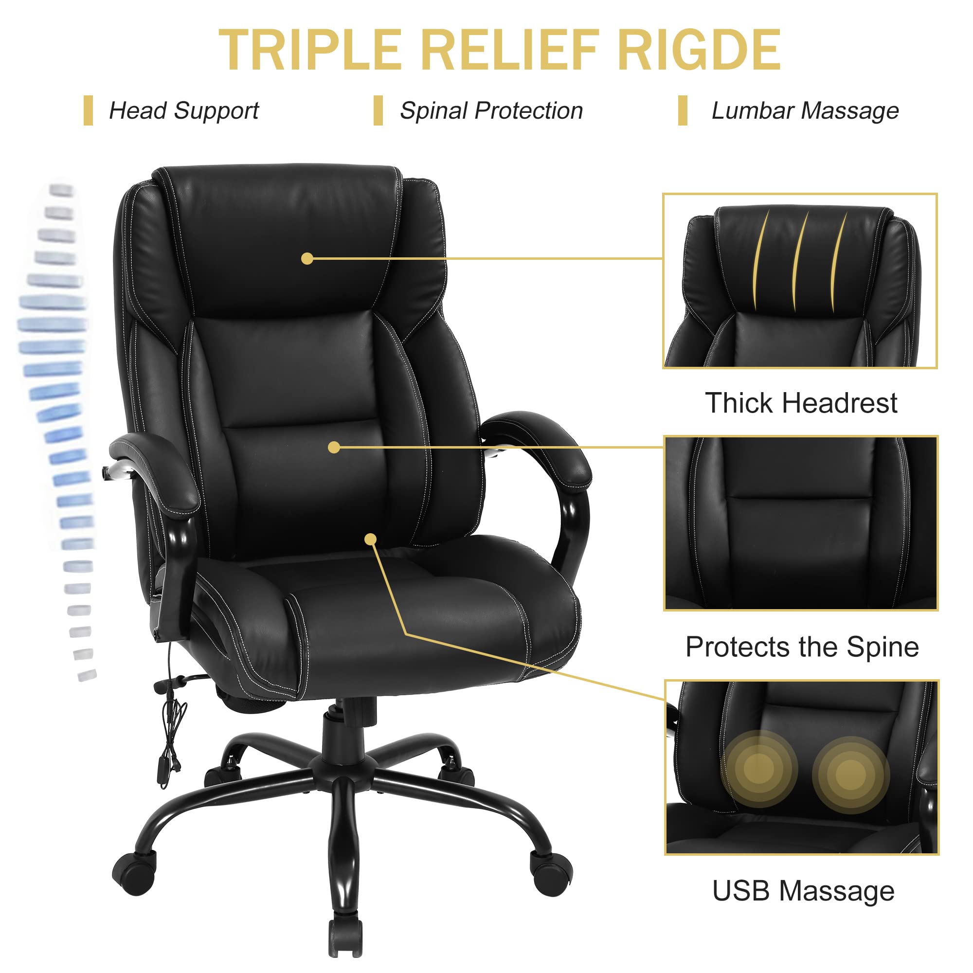 Ergonomic Office Desk Chair 500lbs Capacity - Big and Tall High Back Computer Chair with Adjustable Lumbar Support & Massage - PU Leather Executive Swivel Rolling Task Chair for Home Office (Black) - Perfect for Long Work Hours & Gaming Sessions
