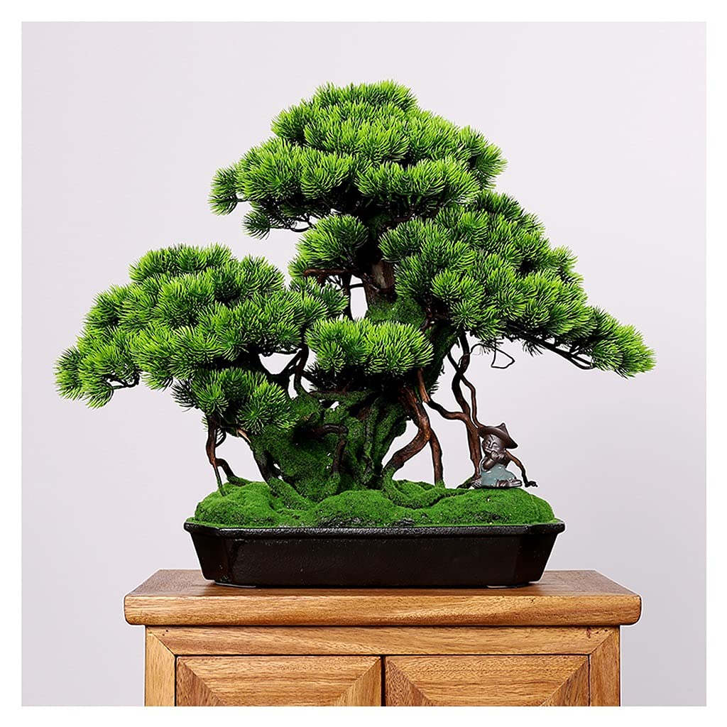 Realistic Artificial Bonsai Pine Tree in Ceramic Pot with Mini Monk Figurines - Lifelike Fake Potted Plant for Home Office Desk Decor, Zen Meditation Space & Gift Idea