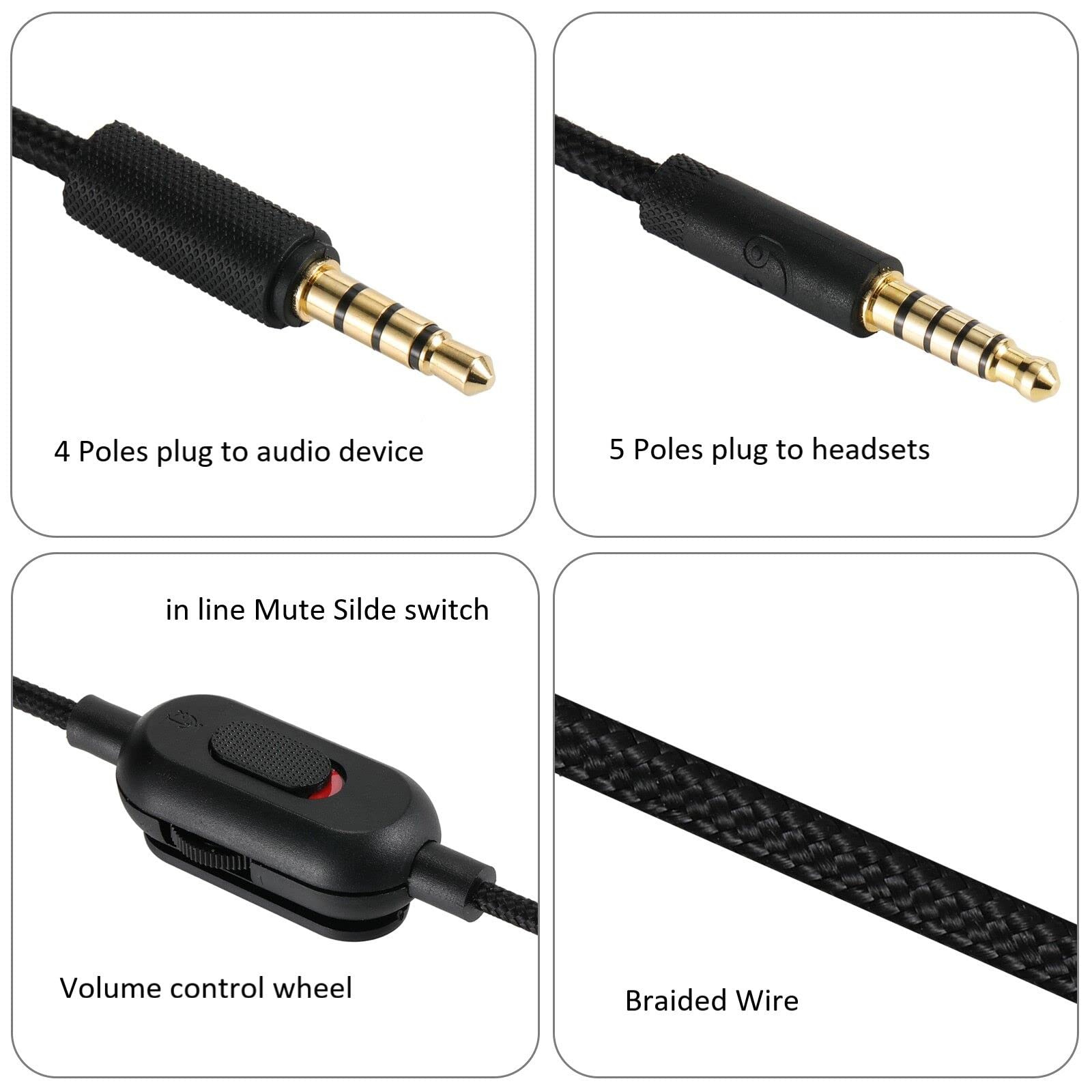 Premium Replacement Audio Cable for Logitech G433/G Pro X/G Pro/G233 Gaming Headphones - Braided AUX Cord with Volume Control & Mic Mute - Durable Black Gaming Headset Accessory for PC, PS4, Xbox & Mobile Gaming