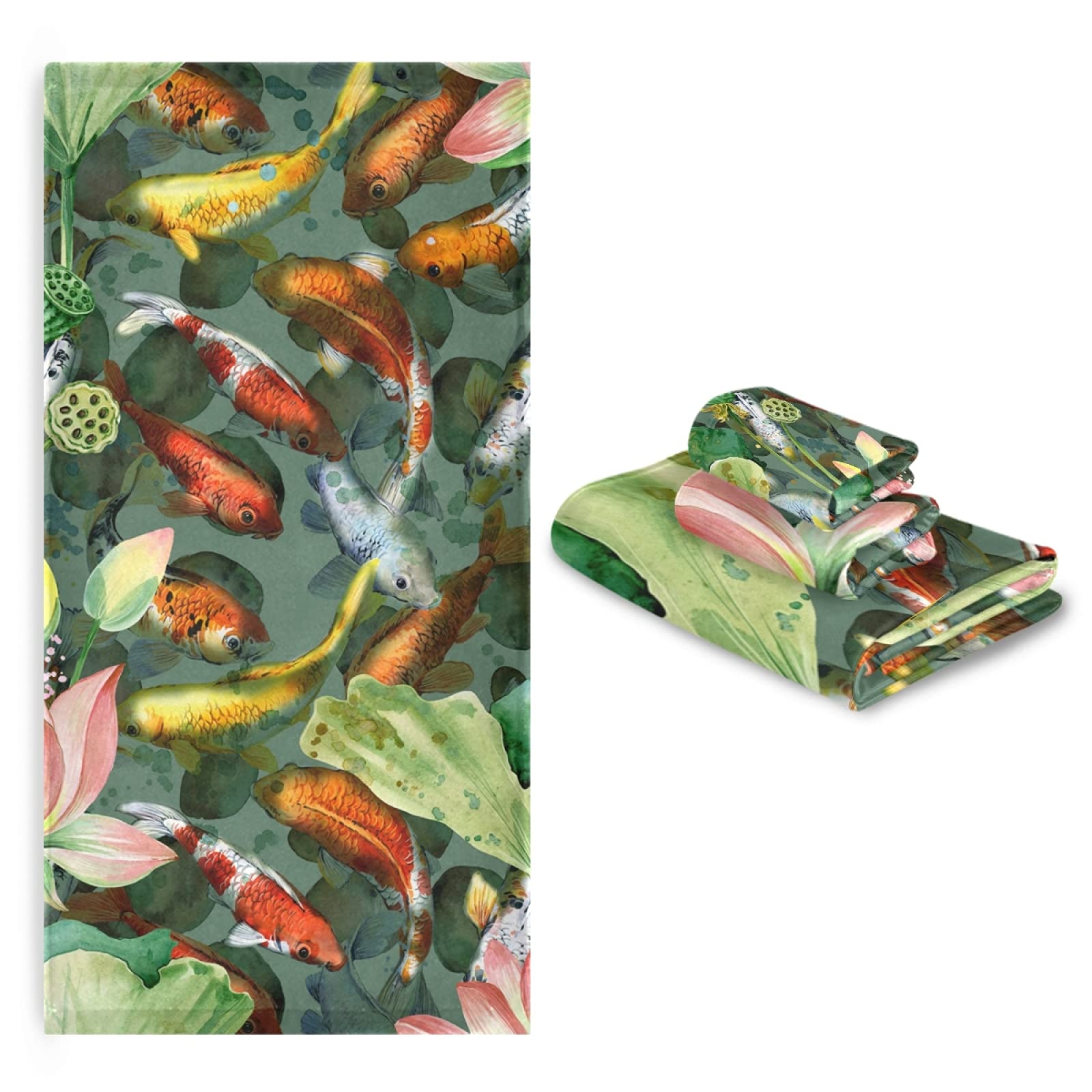 3-Piece Koi Fish with Flower Bath Towel Set - Soft Absorbent Bath, Hand & Wash Cloths for Bathroom, Hotel, Spa | Luxury Home Decor, Beach & Gym Essentials