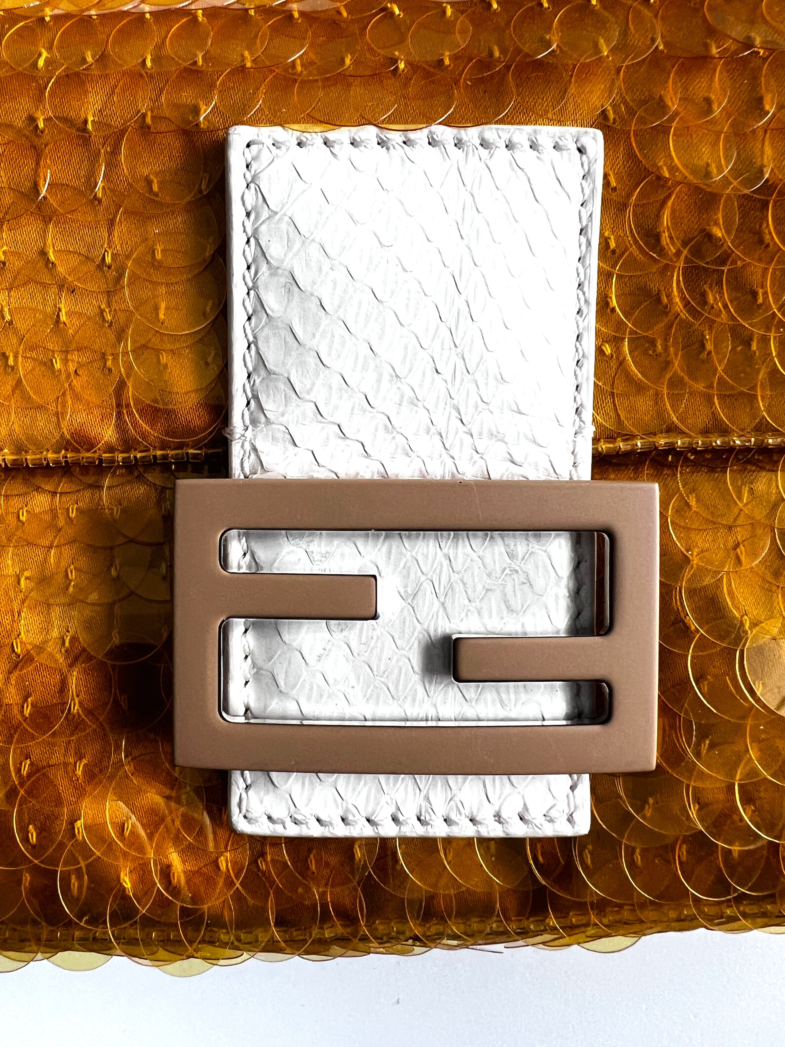 Fendi Gold Satin Sequin Baguette Bag - Luxury Evening Clutch for Women | Perfect for Parties, Weddings & Special Occasions