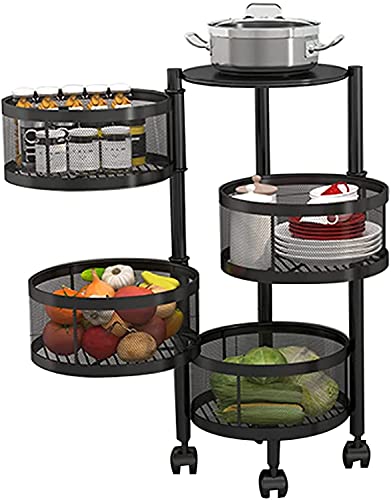 4-Tier Black Rotatable Kitchen Storage Cart with Wheels - Multi-Purpose Floor-Standing Utility Trolley for Fruits, Vegetables & Kitchen Organization - Perfect for Small Spaces, Pantry Storage & Countertop Organization